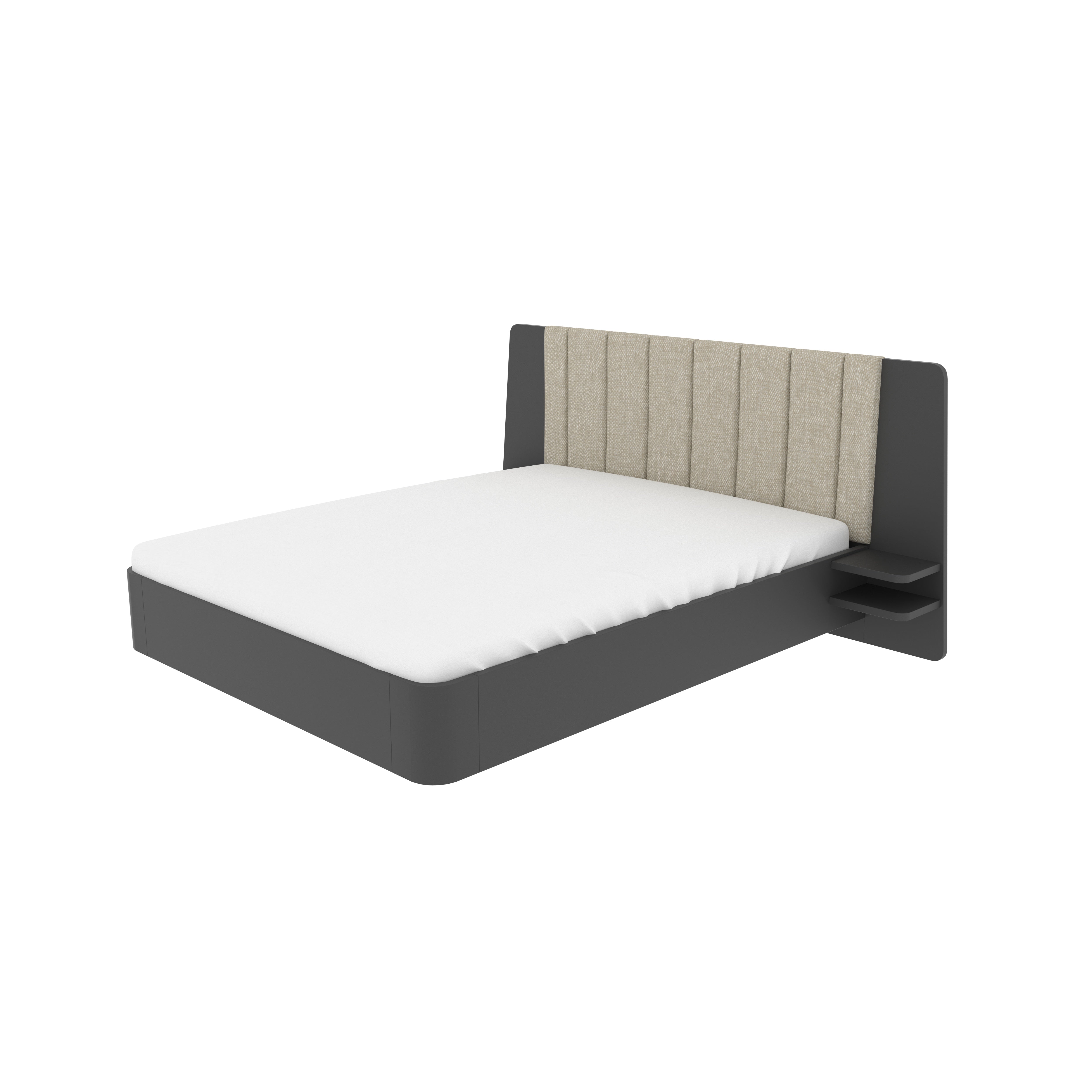 Upholstered Platform Bed with Vertical Panel Headboard & Side Shelf Design Bed