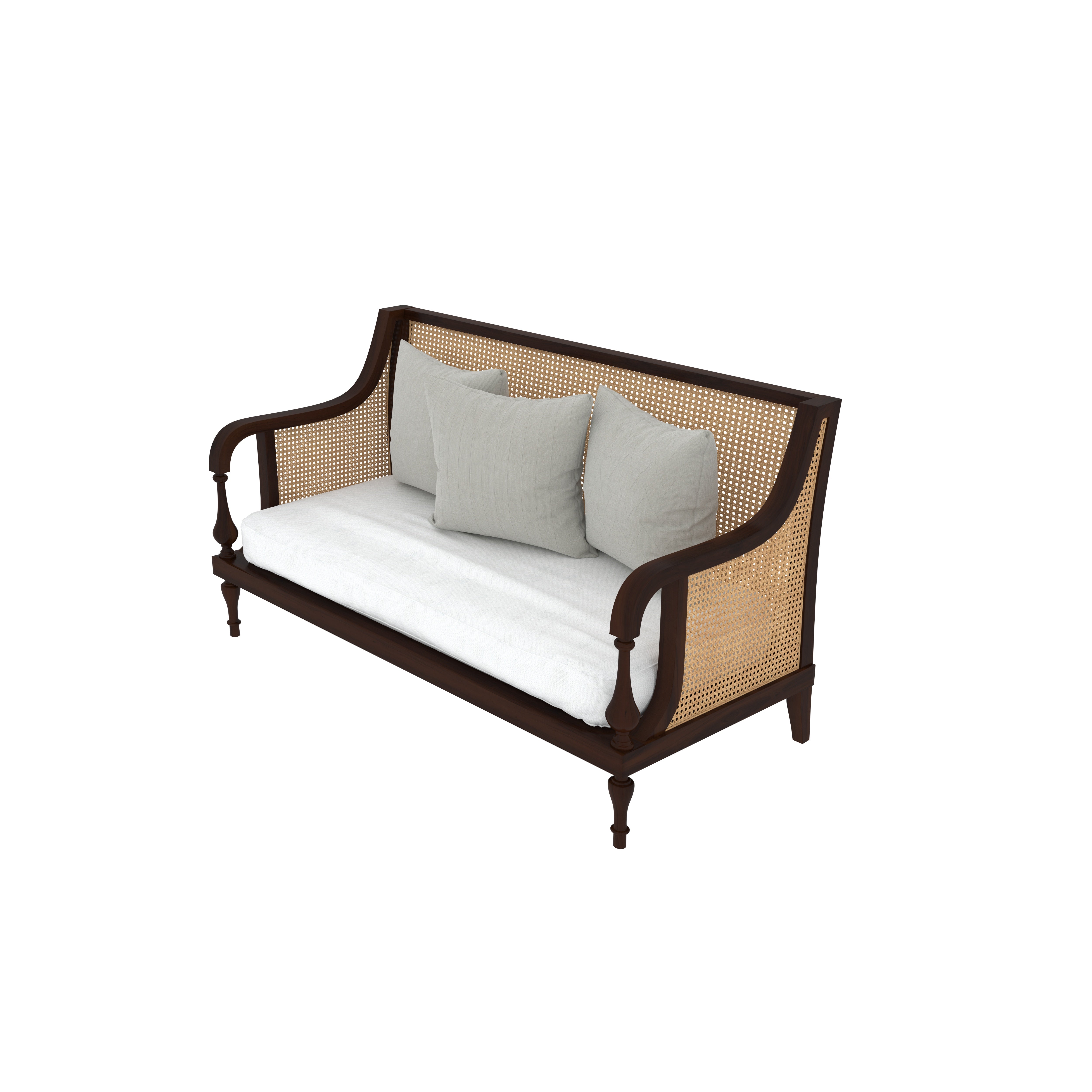 Elegant Wooden Cane-Back Sofa with Cushions – Classic Rattan Style Sofa