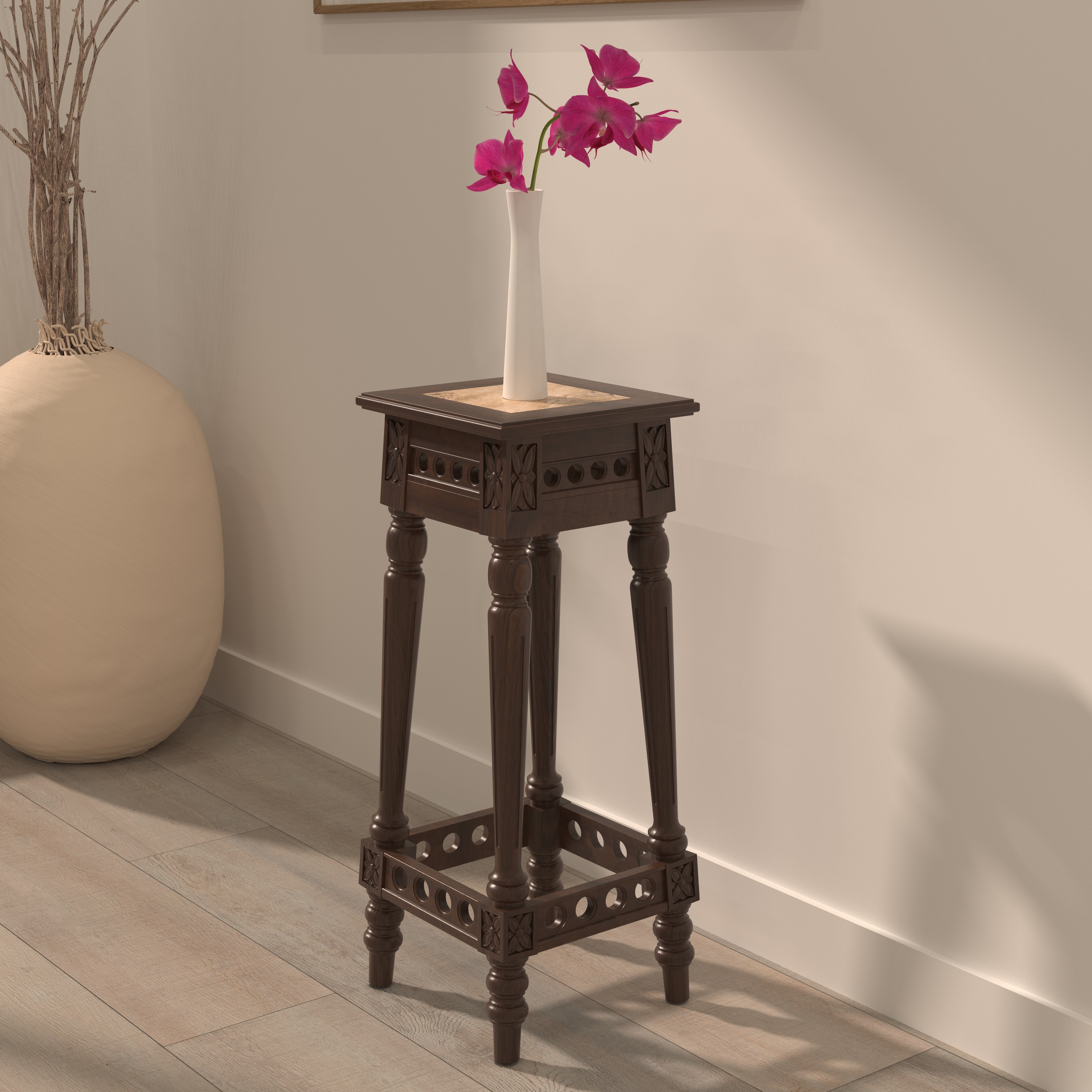 Tall Plant Stand with Carved Details & Turned Legs End Table