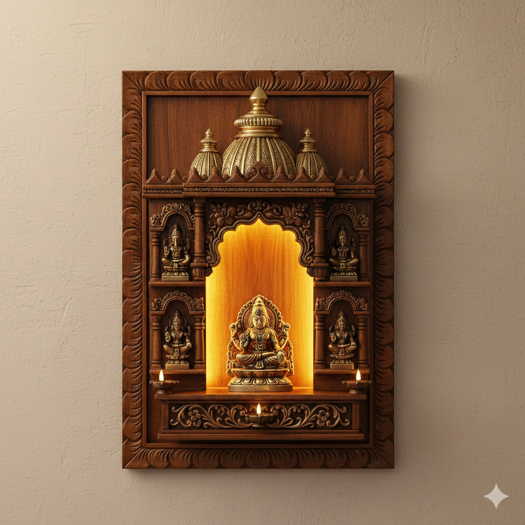 Wall-Mounted Temple with LED Lighting - Handcrafted Wooden Mandir (Murti is not included) Temple