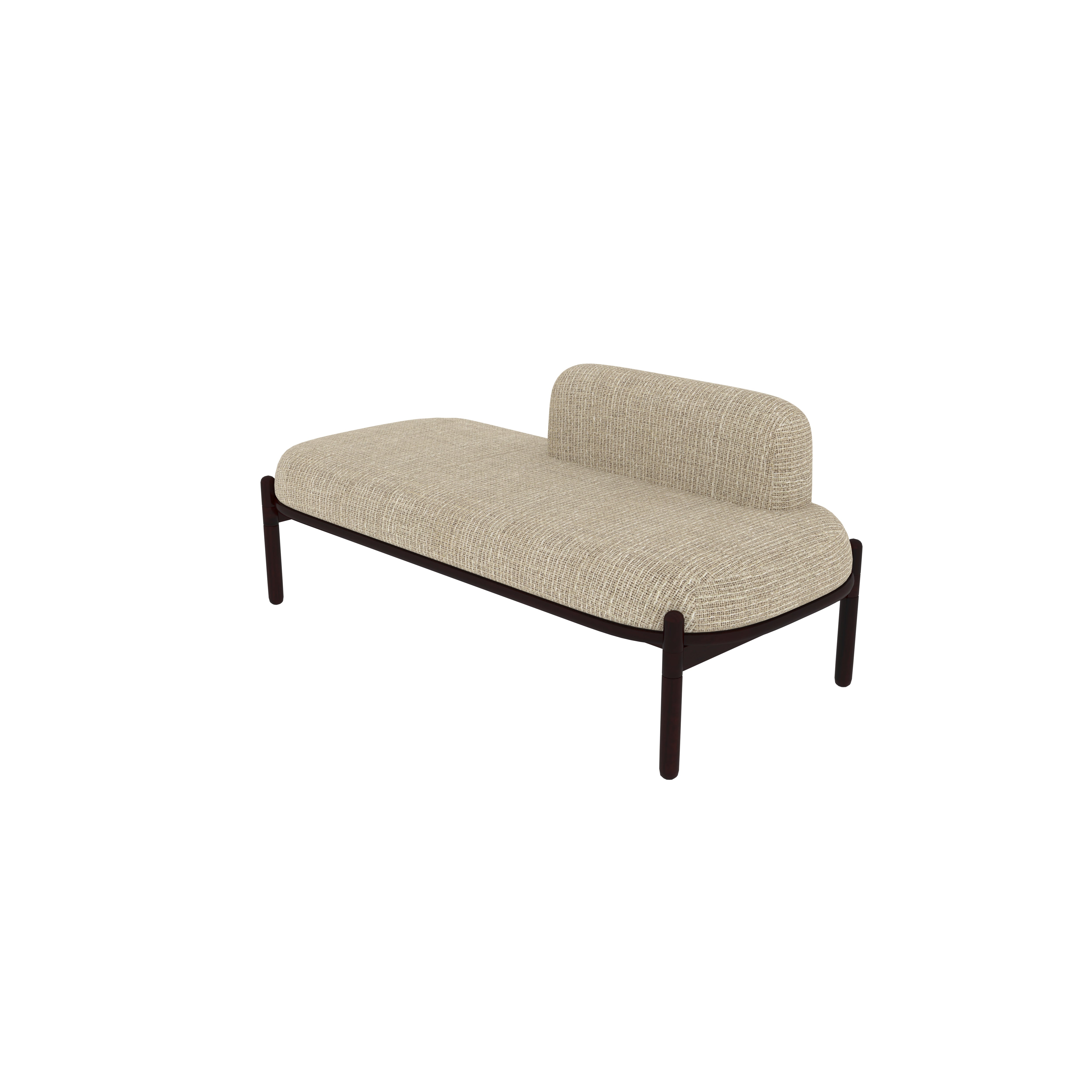 Modern Beige Upholstered Bench with Low Backrest and Dark Wood Frame Bench