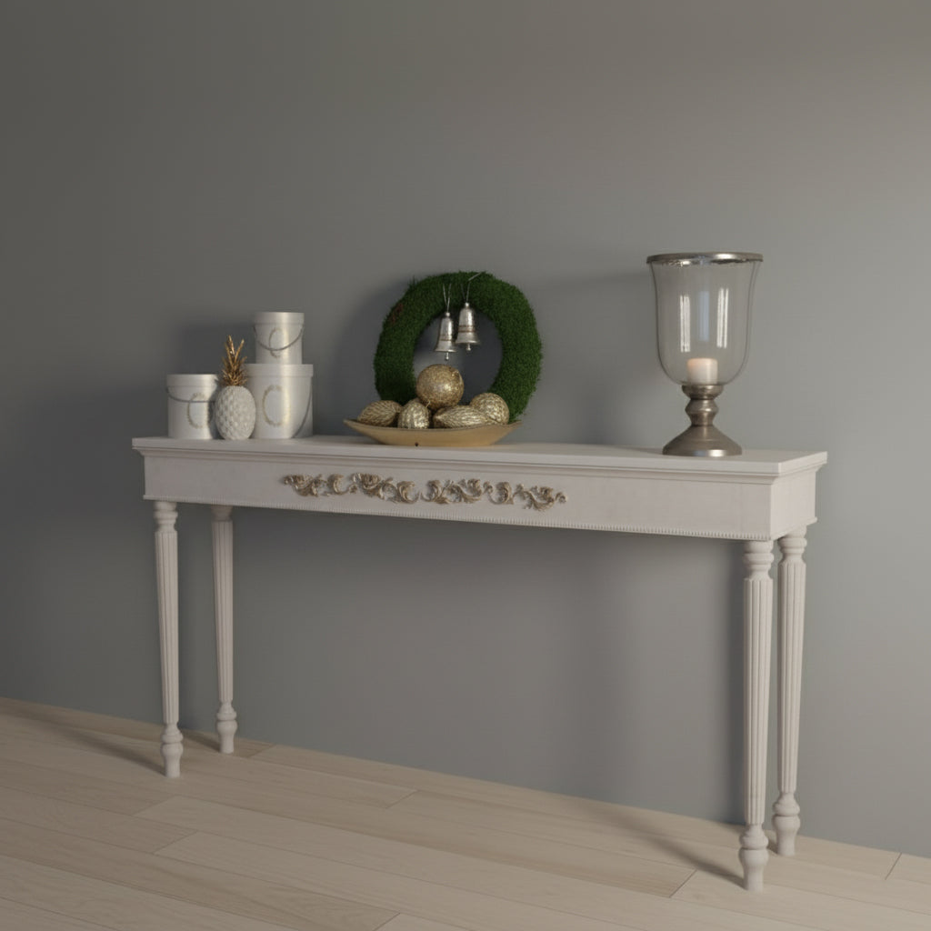 Elegant White Console Table with Hand-Carved Floral Details and Fluted Columns Console Table