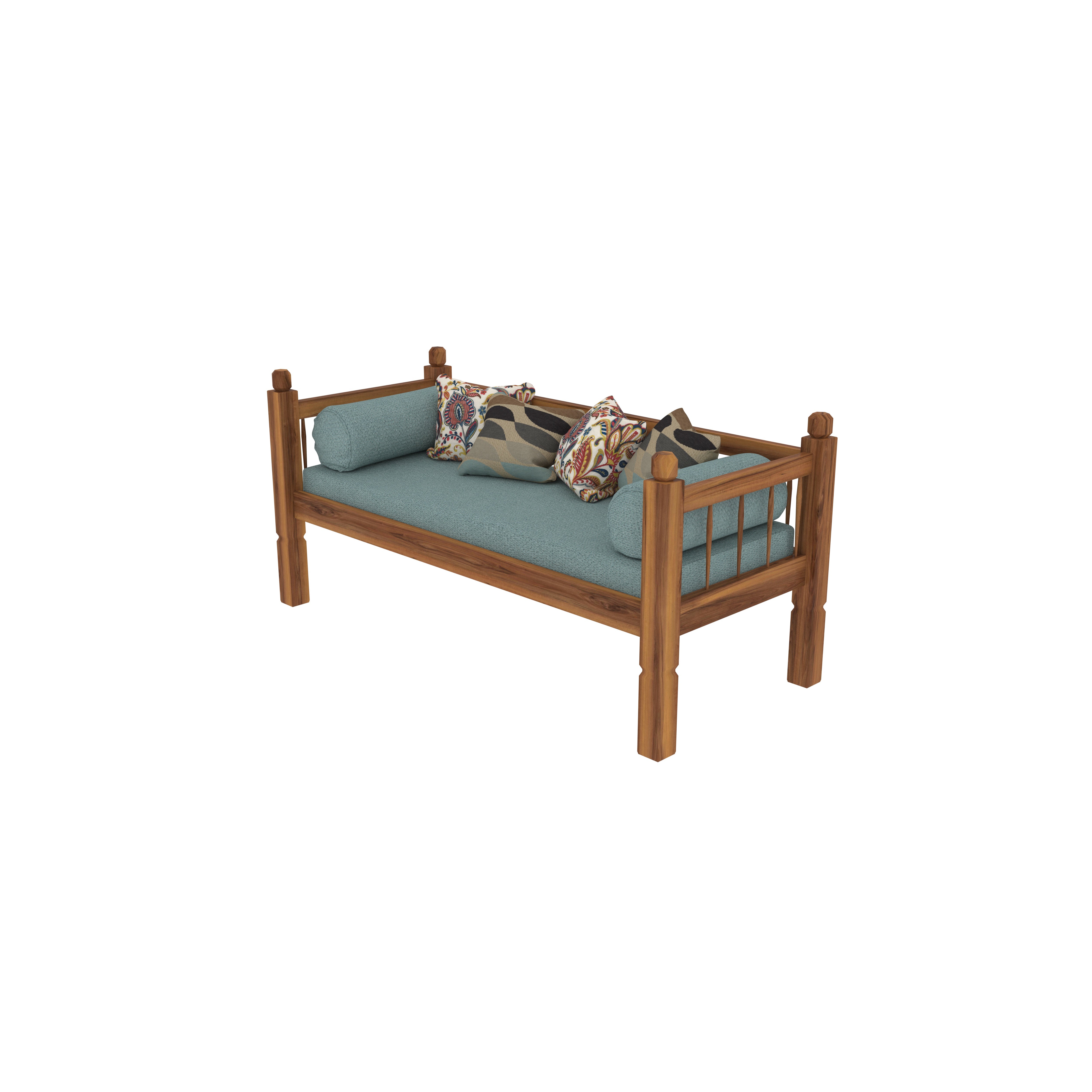 Rustic Teak Wood Daybed with Cushions – Sturdy Frame & Teal Upholstery Bench