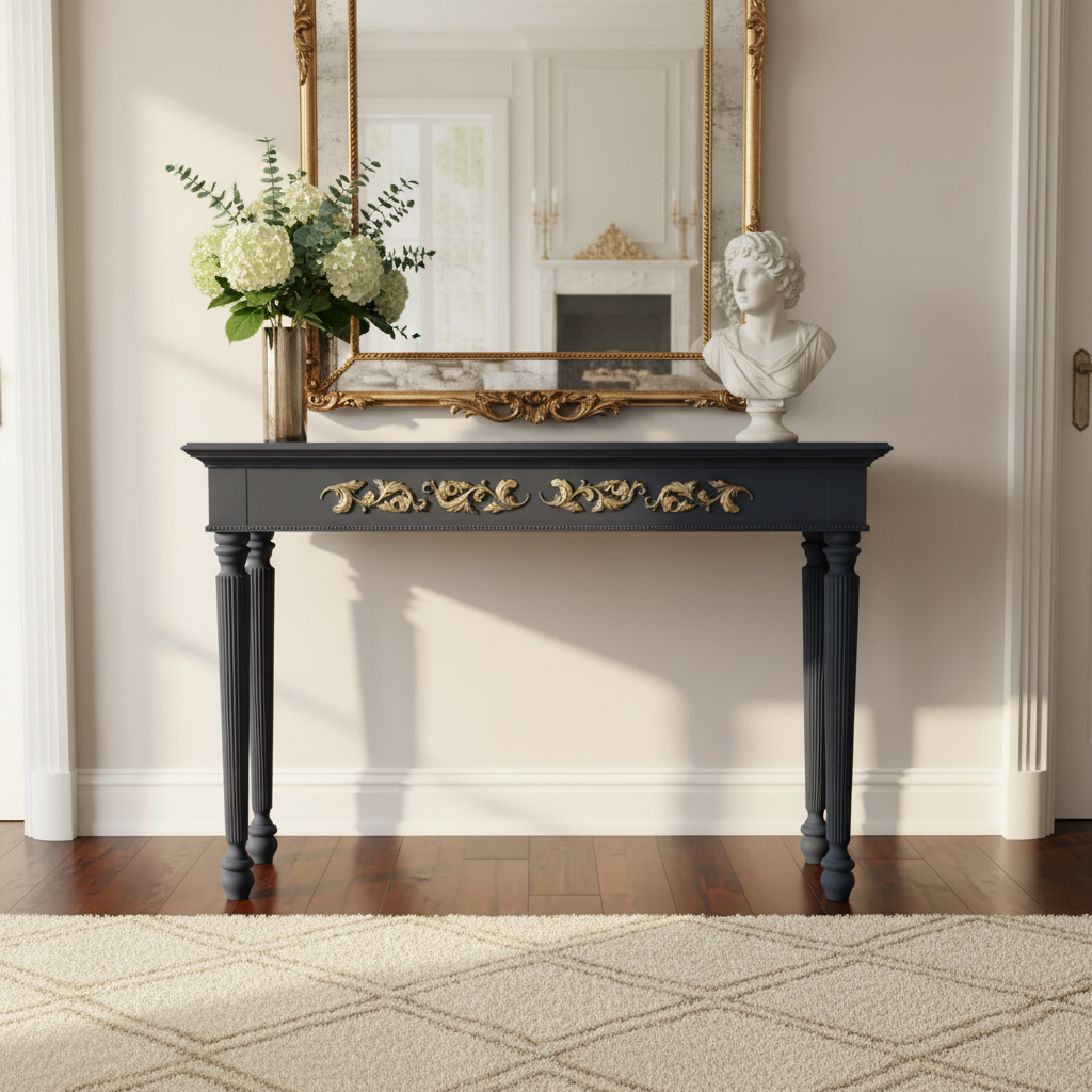 Classic Wooden Console Table with Golden Floral Inlay - Antique Style Console Table