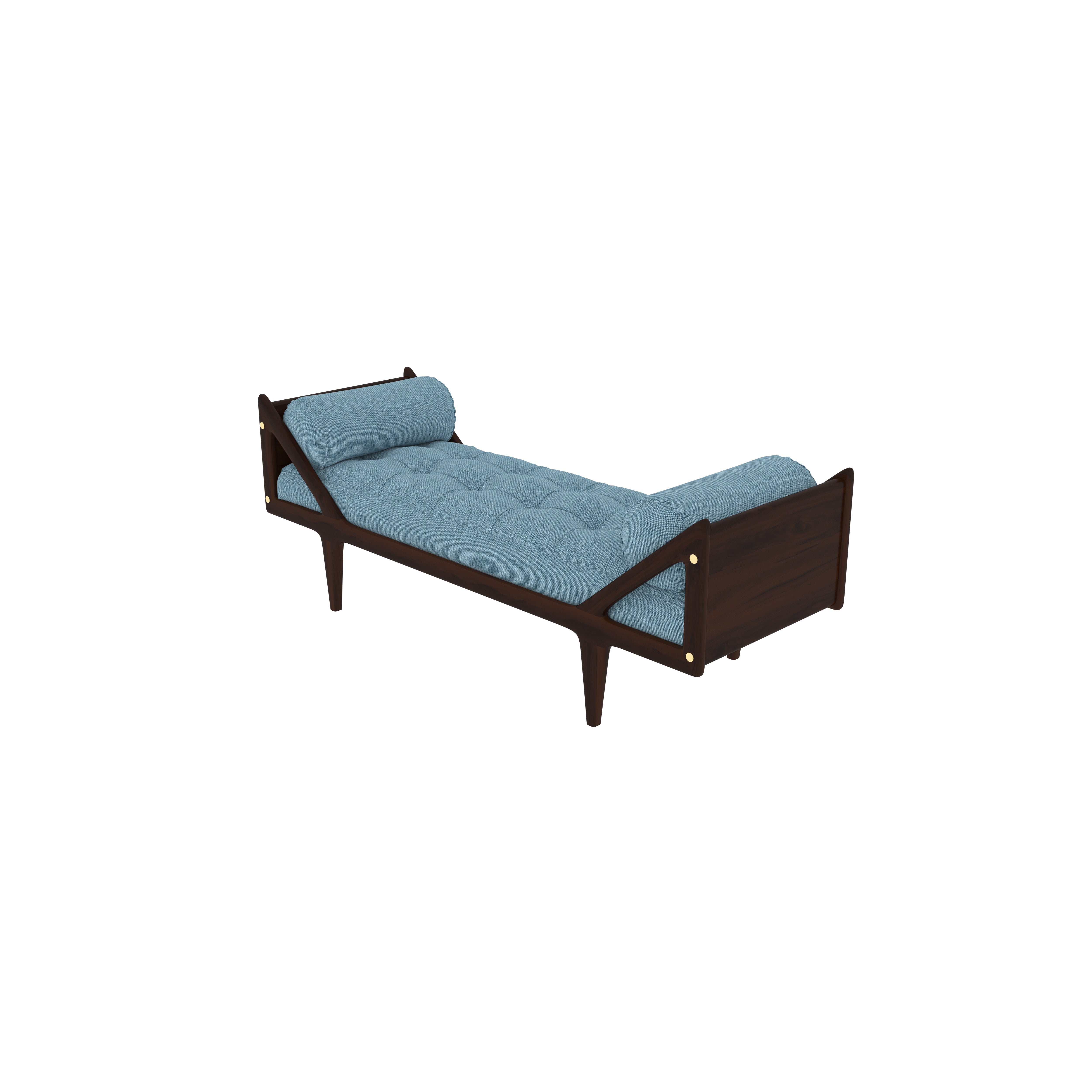 Mid-Century Modern Tufted Bench with Bolsters Wood Frame & Blue Upholstery Bench