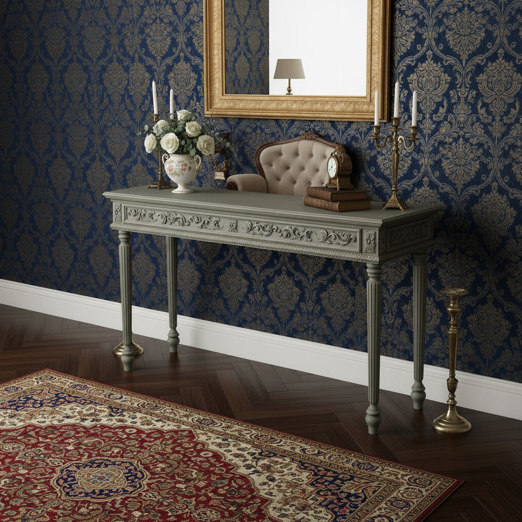 Ornate Sage Green Console Table - Hand-Carved French Provincial Design Console Table