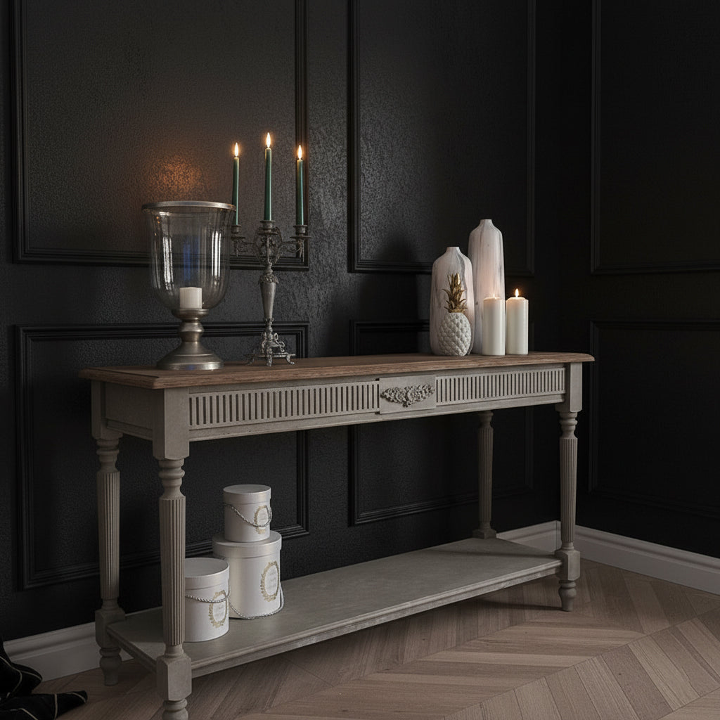 Two-Tier Console Table with Fluted Frieze, Central Medallion and Lower Shelf Console Table