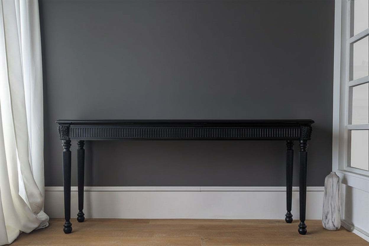 Sophisticated Black Console Table with Fluted Frieze and Turned Legs Console Table