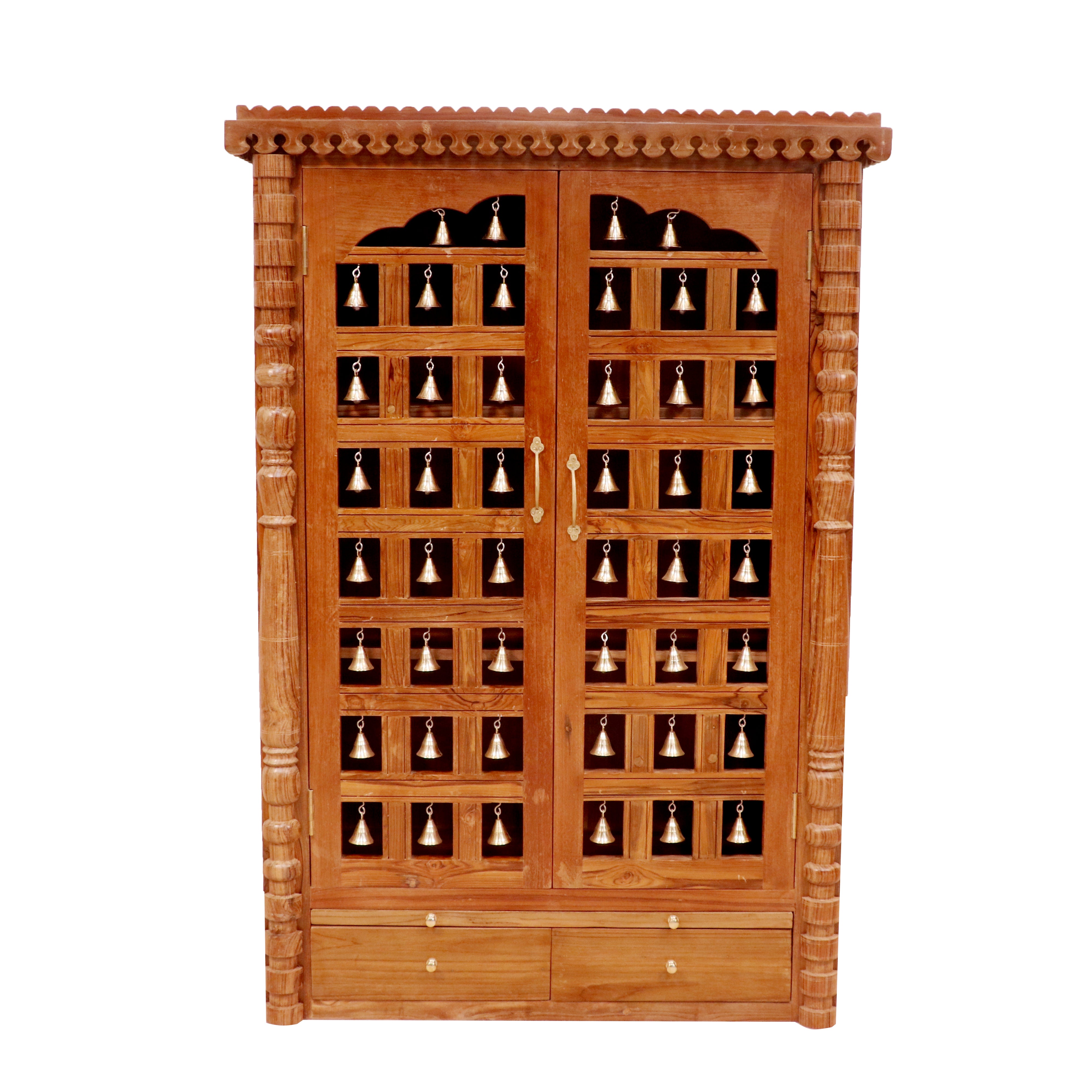 Golden Brass Bell Handmade Wooden Rustic Temple for Home Temple