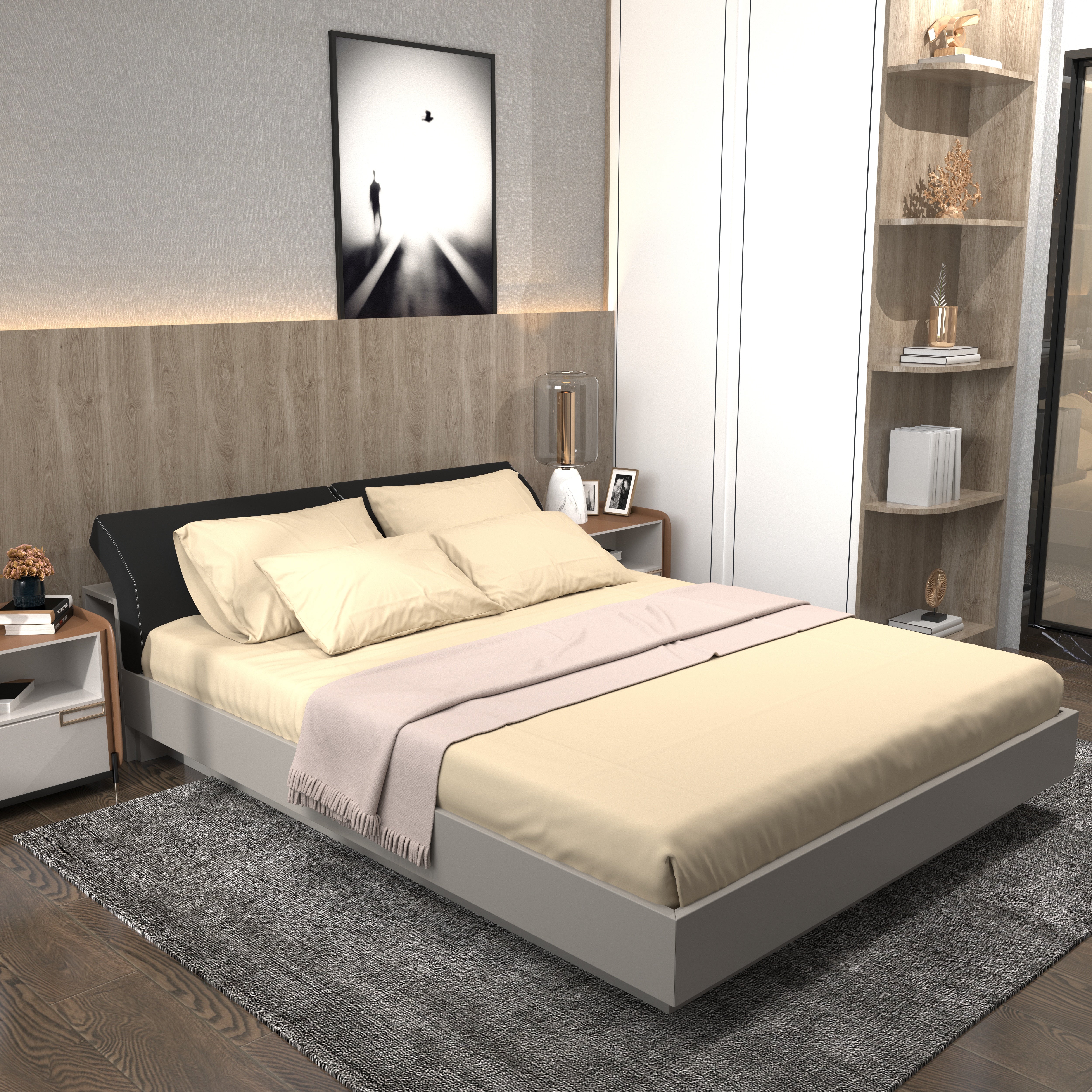 Contemporary Platform Bed with Cushioned Recliner Headboard & Side Storage Bed