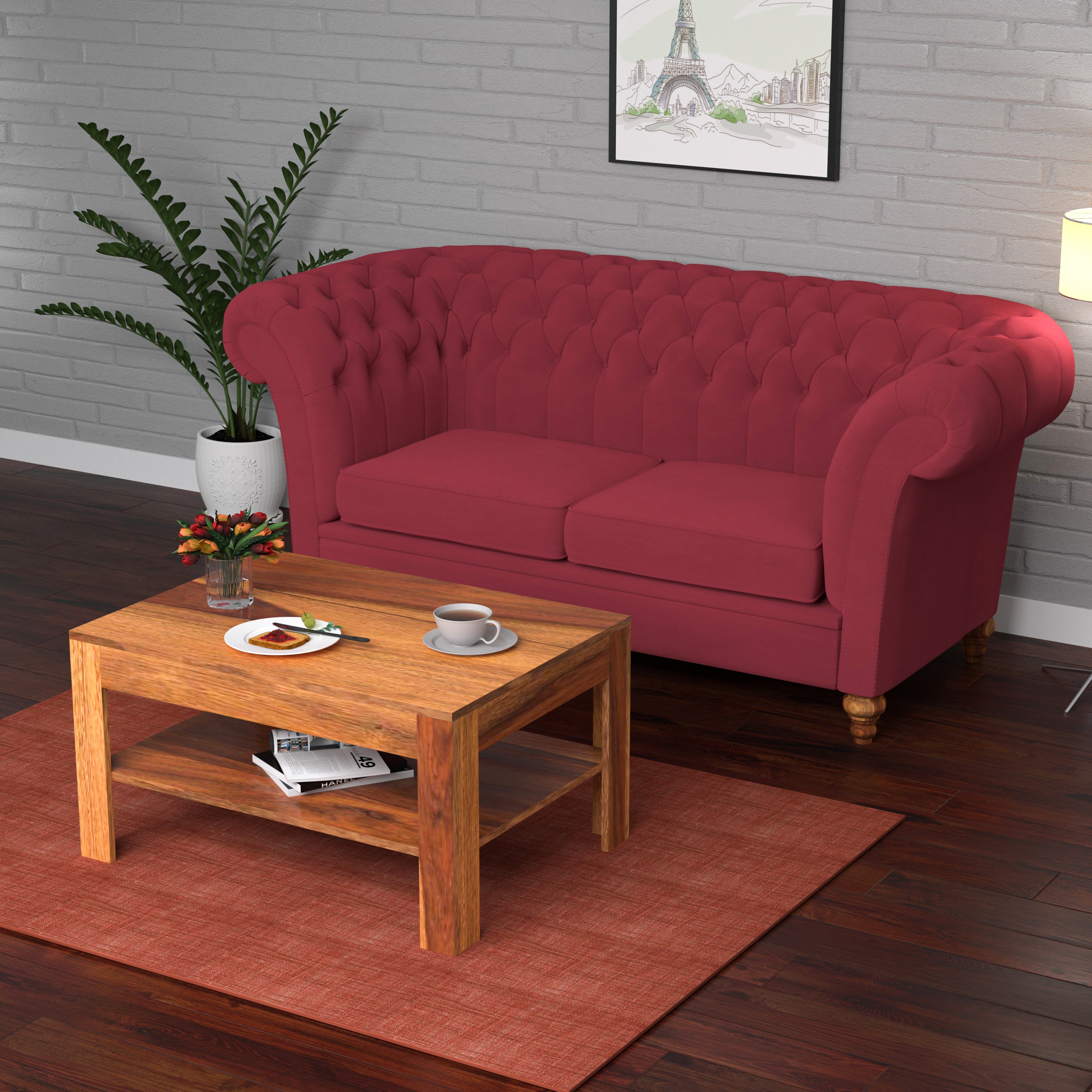 Burdeos Red Pastel Coloured Comfort Large 2 Seater Sofa + Center Table for Home Sofa