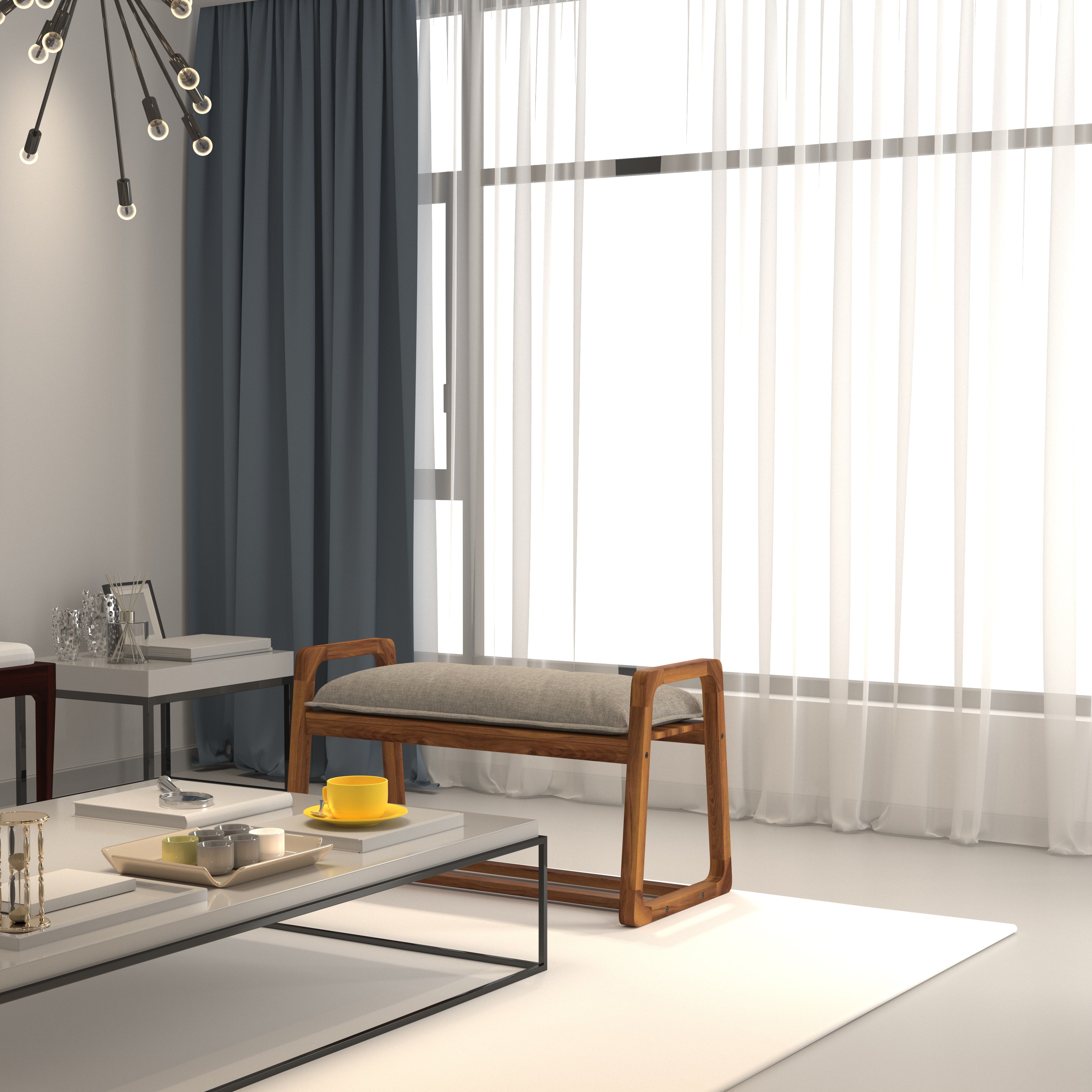 Modern Wooden Bench with Light Grey Cushion and Open Arm Design Bench
