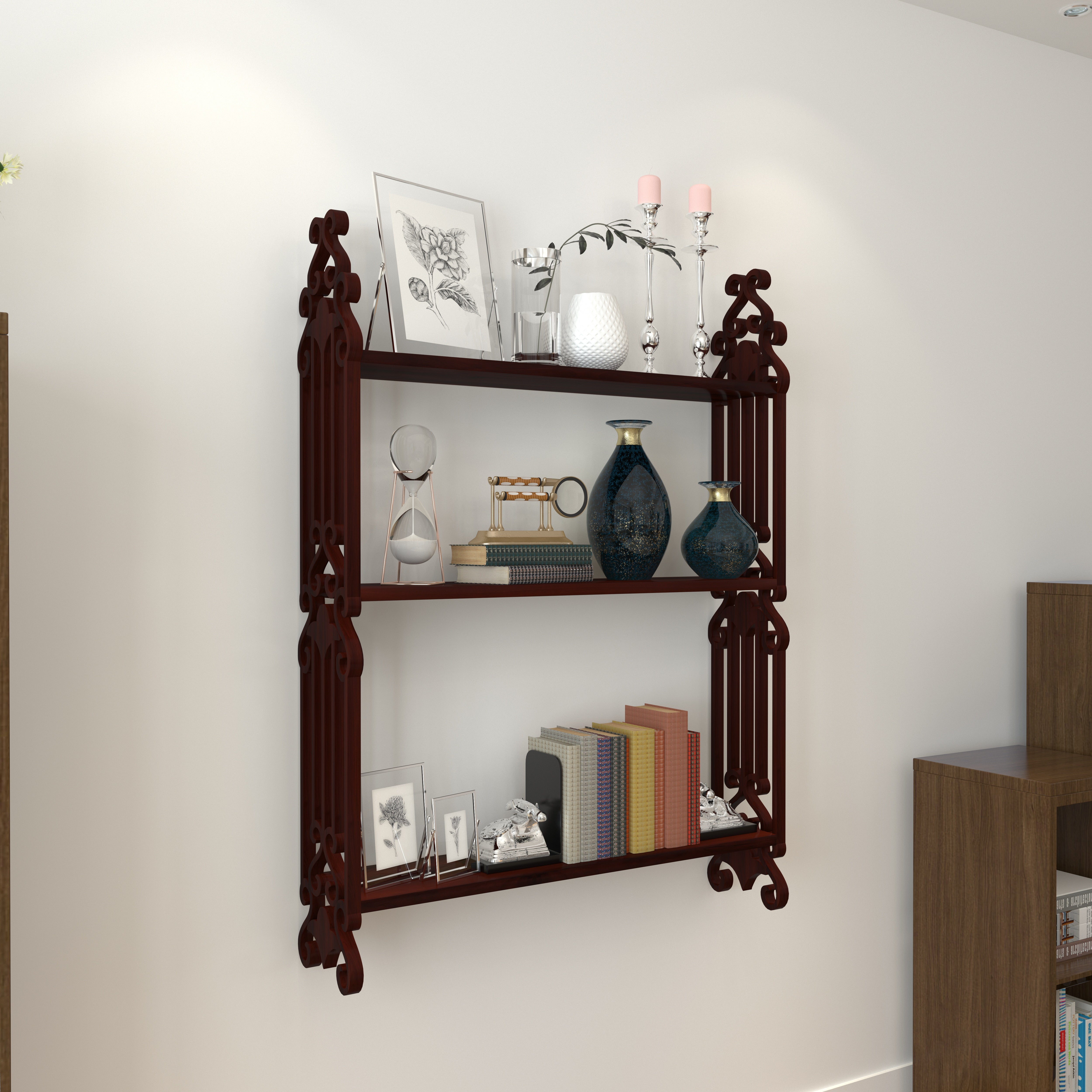 Vintage Wooden Wall Shelf with Ornate Side Frames – 2-Tier Display Wall Rack