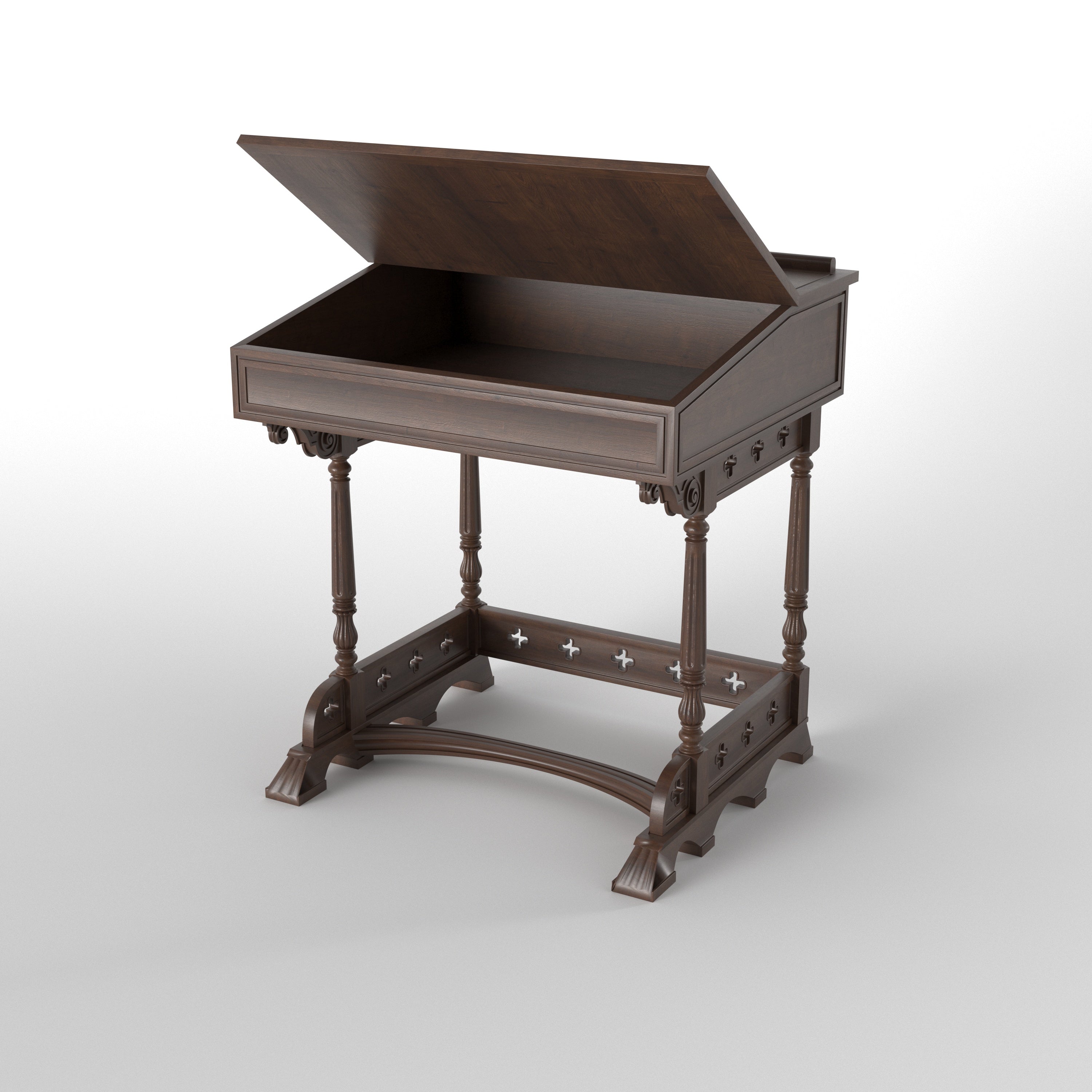 Handcrafted Gothic Altar Table with Cross Cutout Aprons, Turned Legs & Curved Stretcher Study Table