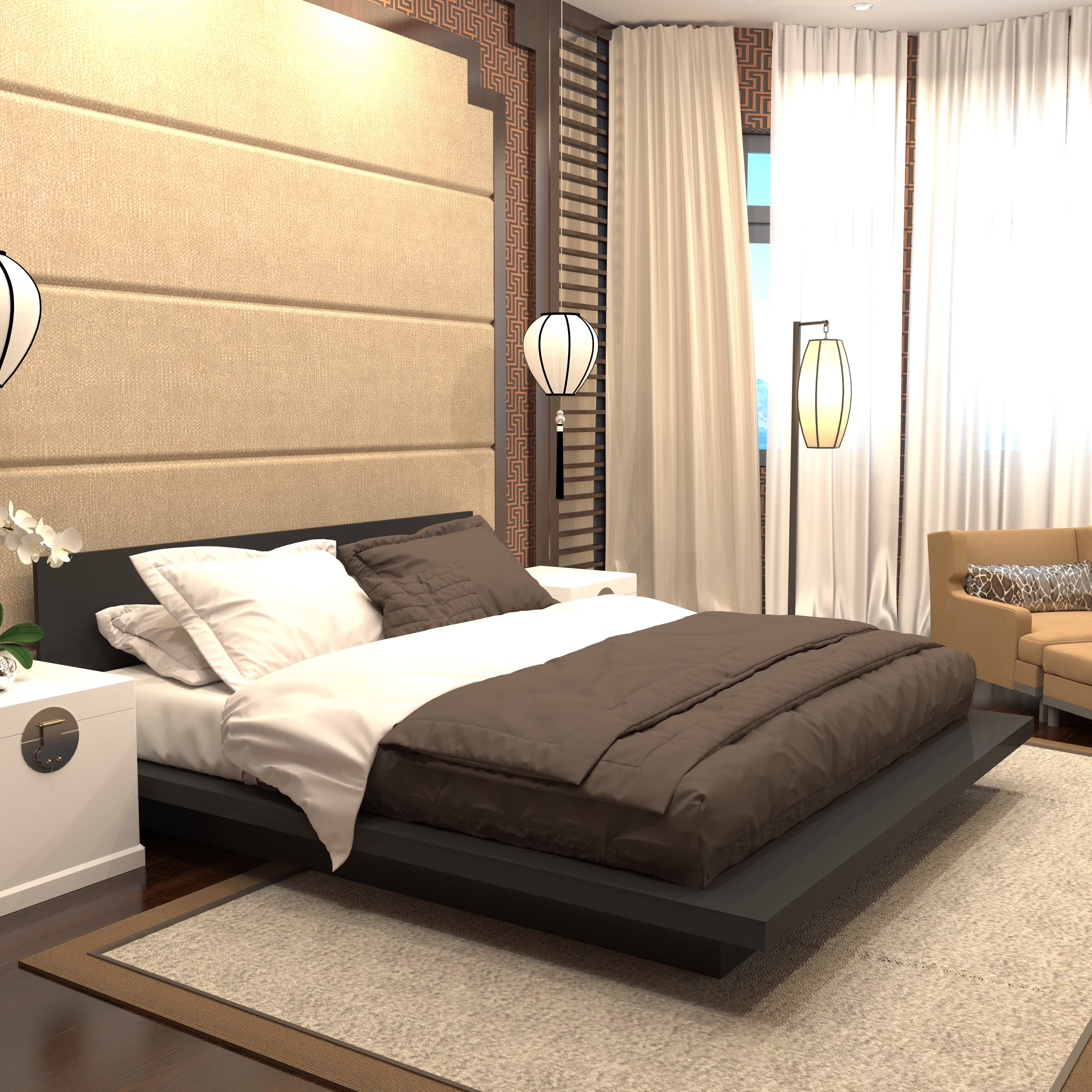 Sleek Modern Platform Bed with Cushioned Headboard – King Size Comfort Bed