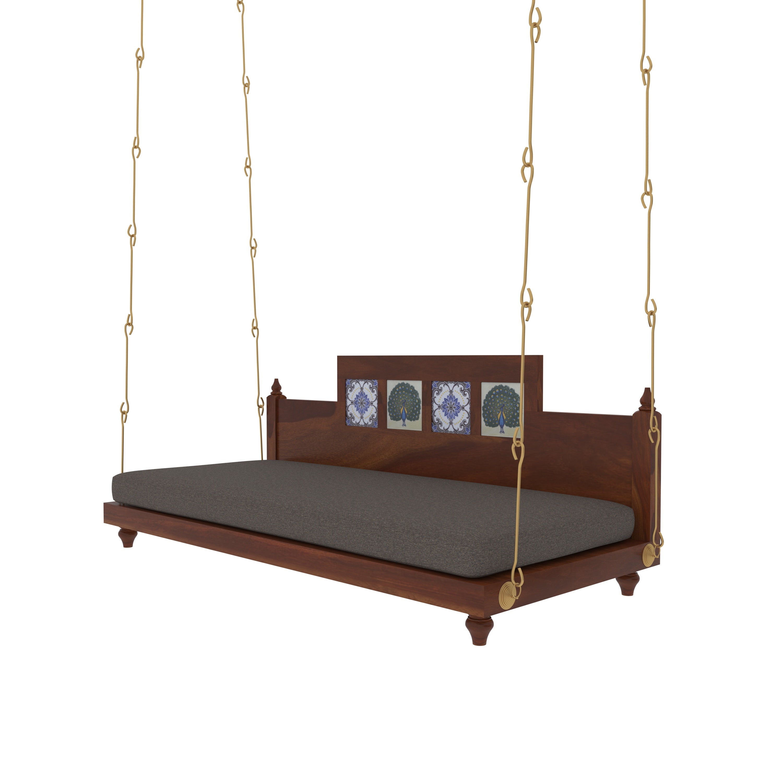 Artistic Wooden Swing with Hand-Painted Peacock Tiles – Balcony Jhula with Cushioned Seating Swing