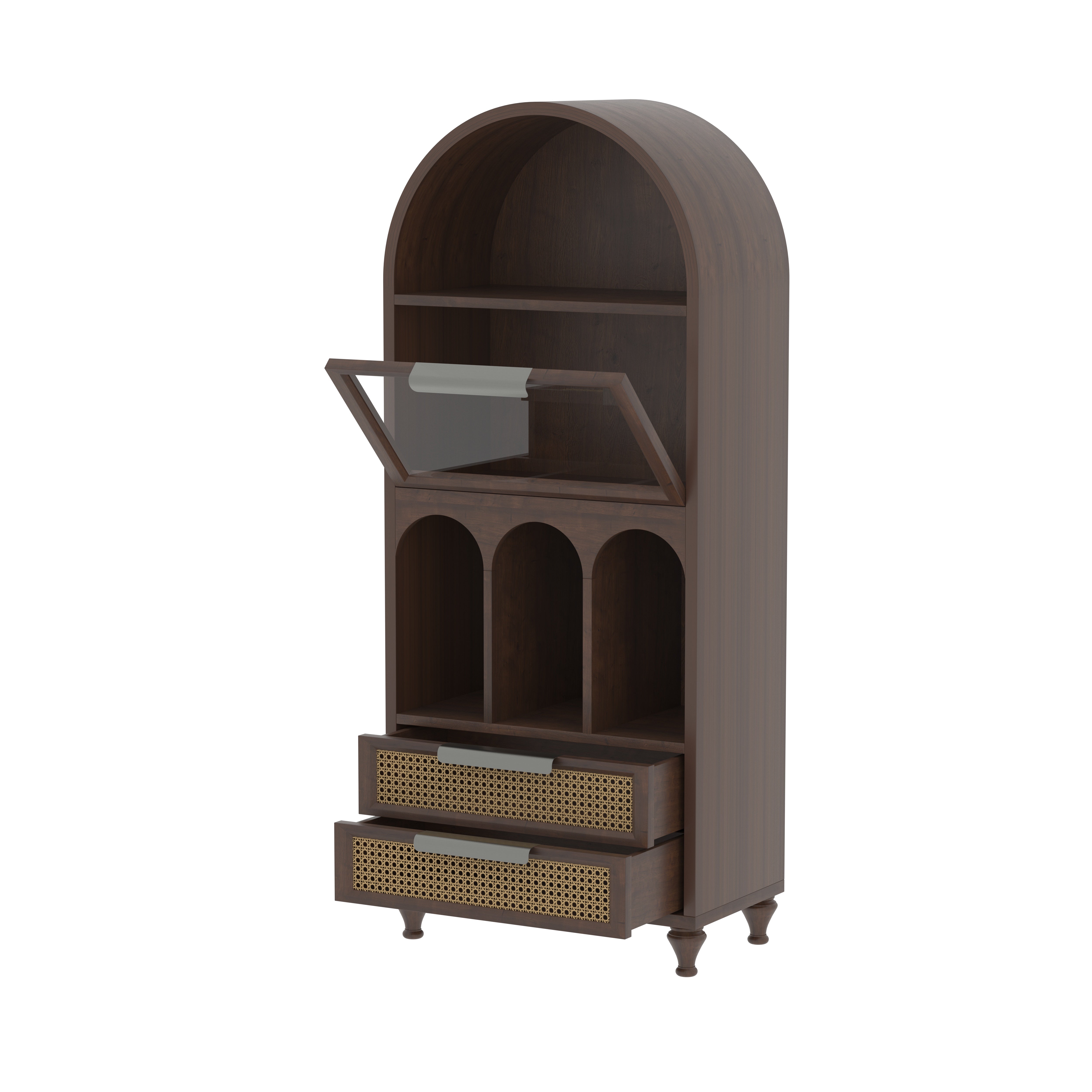 Montelaro Arco European Luxury Wardrobe with Sculpted Arch Display, Glass Cabinet, and Artisan Cane Drawers Wardrobe