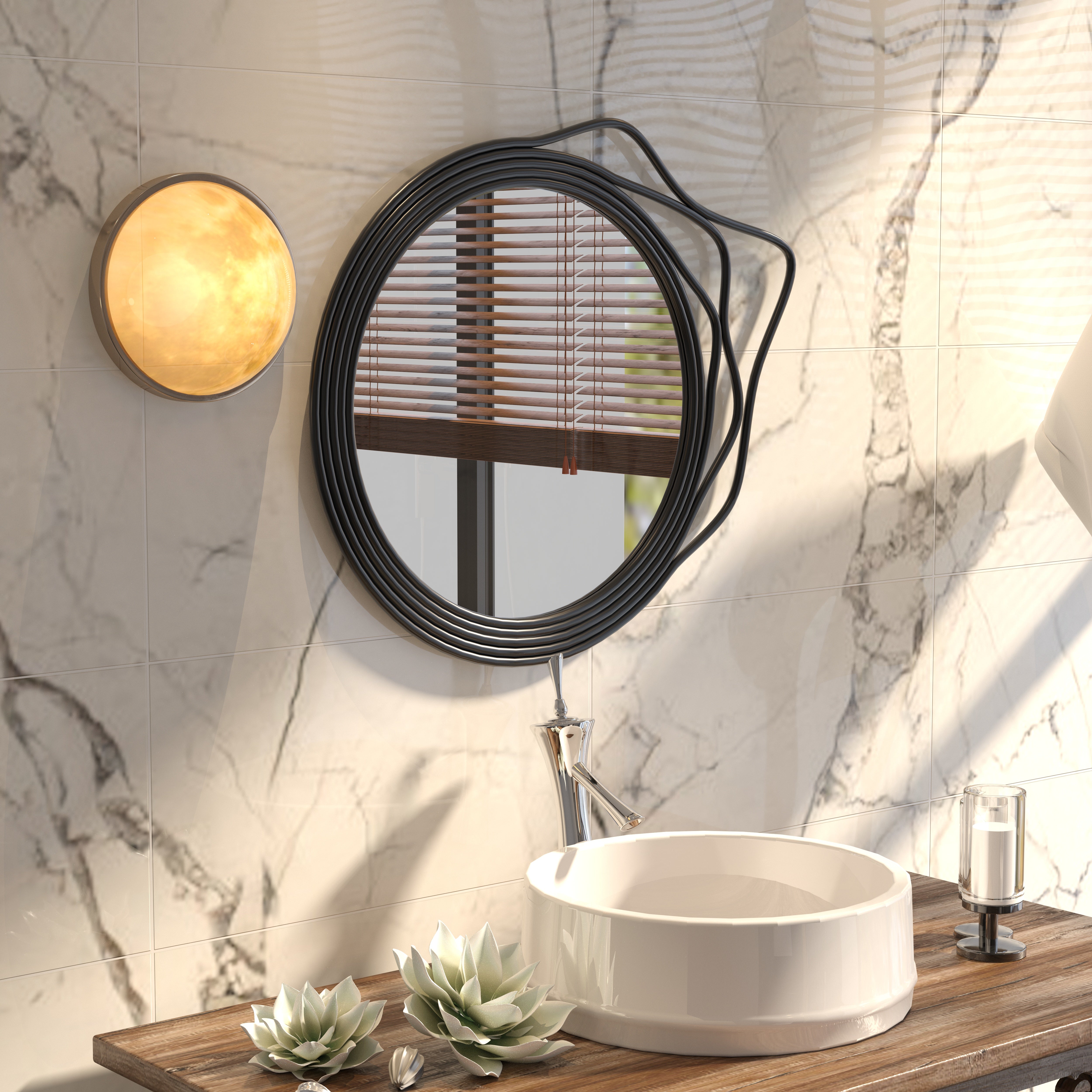 Artistic Round Black Metal Frame Mirror - Contemporary Design Mirror