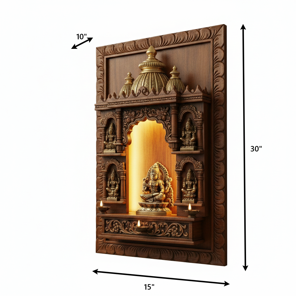 Wall-Mounted Temple with LED Lighting - Handcrafted Wooden Mandir (Murti is not included) Temple