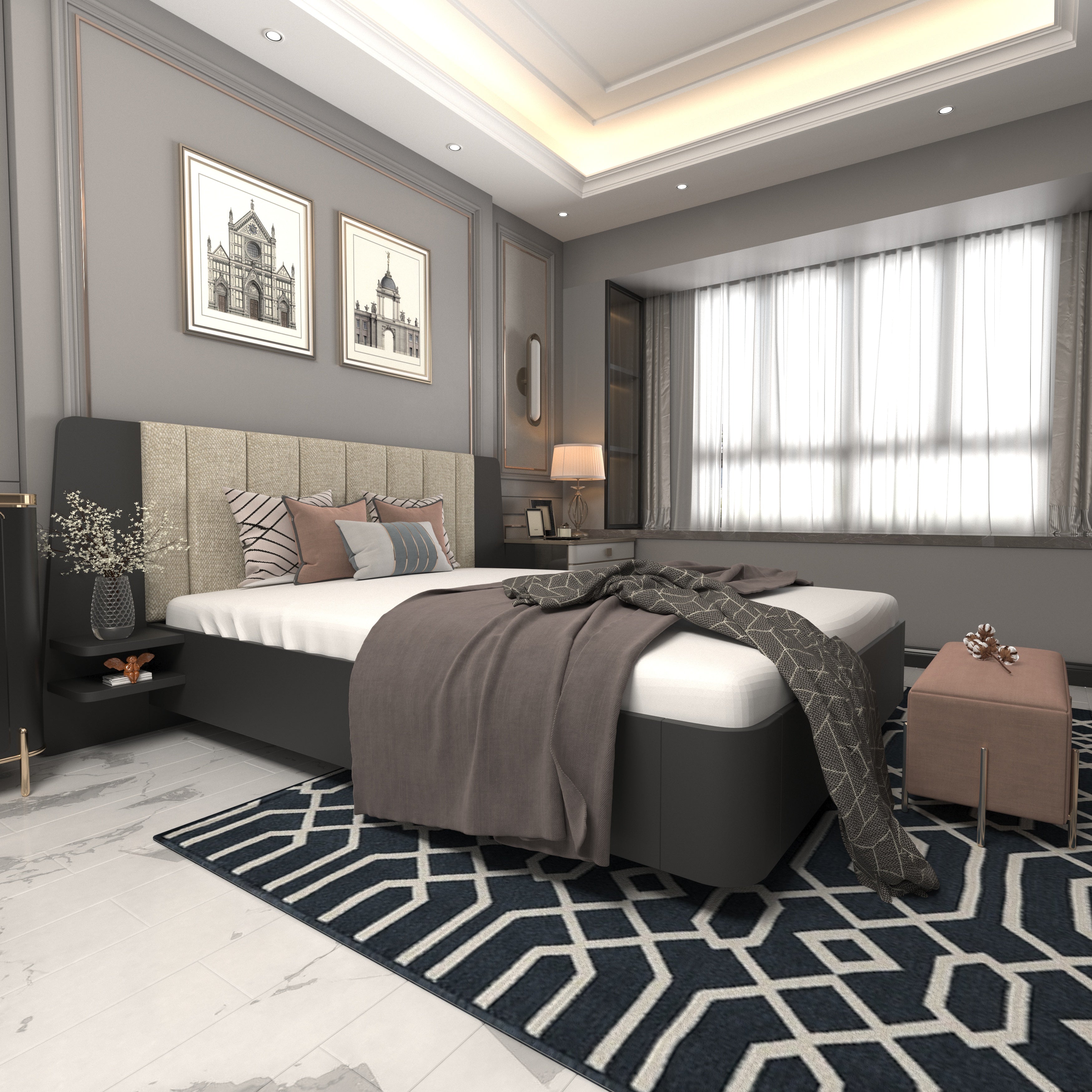 Upholstered Platform Bed with Vertical Panel Headboard & Side Shelf Design Bed