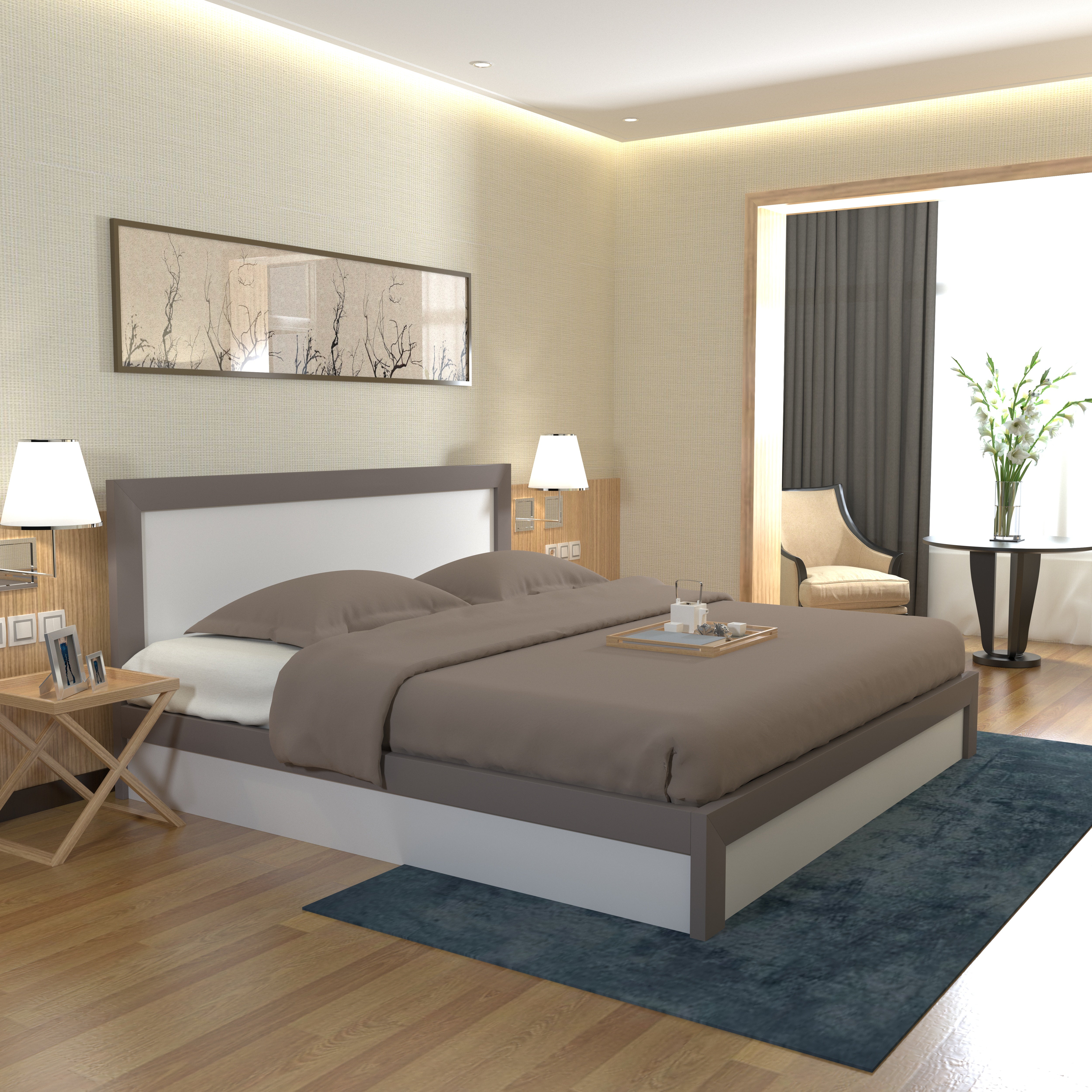 Modern King Size Bed with Cushioned Headboard Bed