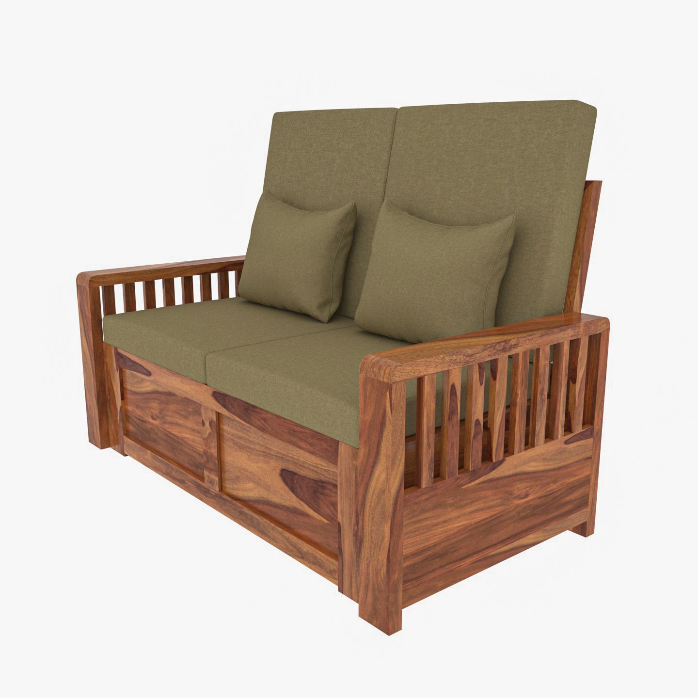 Moss Green Vintage Sheesham Wooden 2 Seater Sofa with Storage Sofa