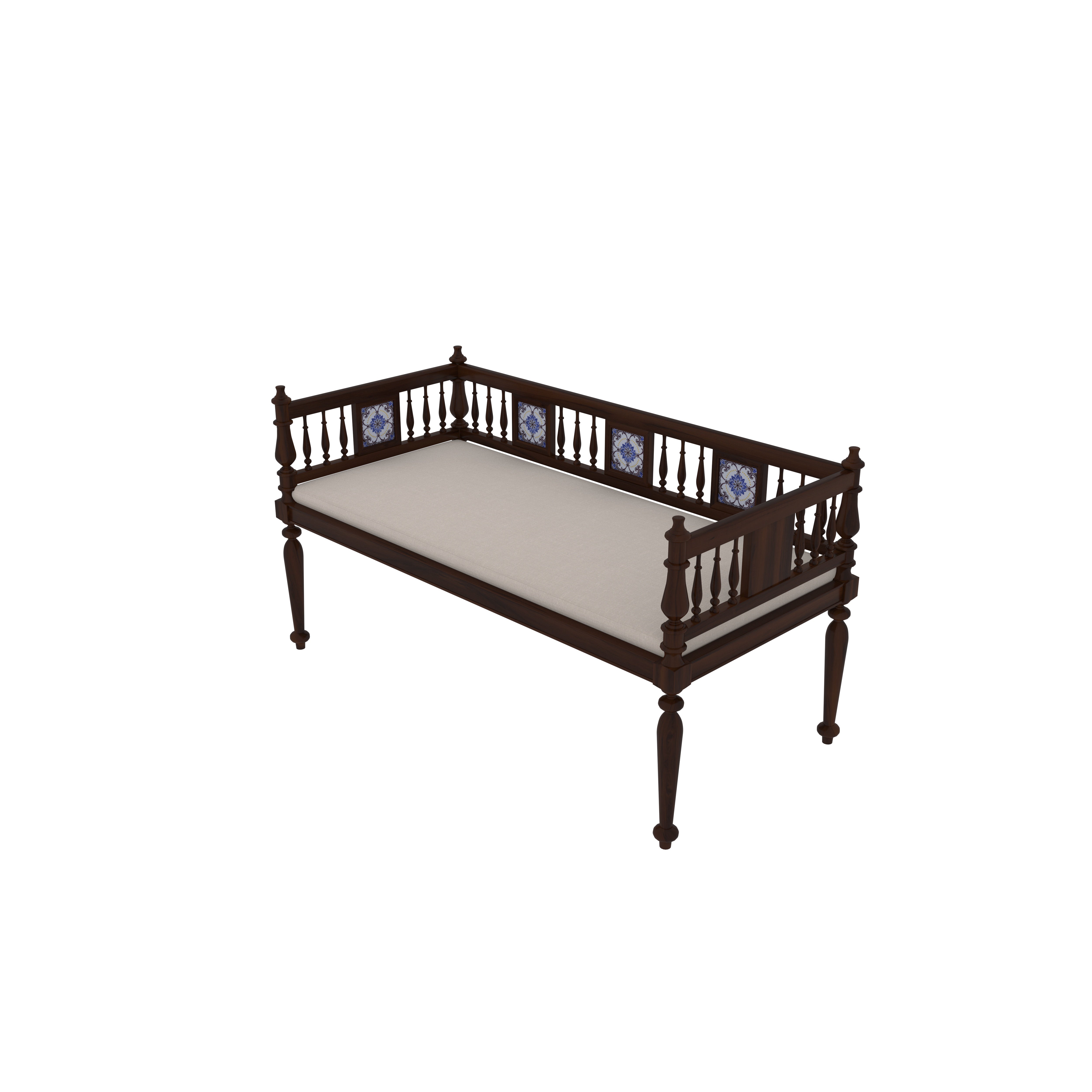 Traditional Wooden Daybed with Handcrafted Spindles & Ceramic Tile Inlay Bench