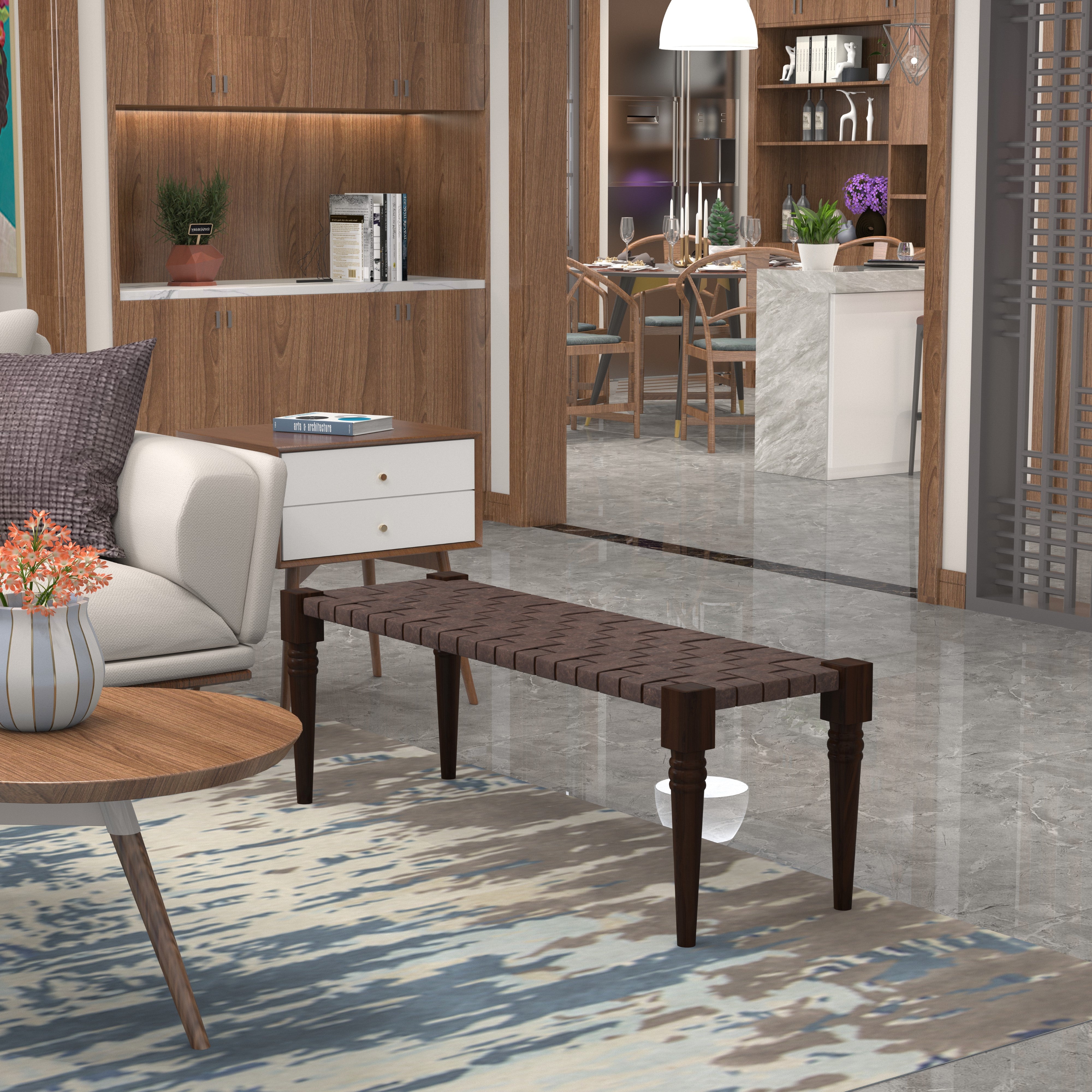 Traditional Wooden Woven Bench with Tapered Legs Bench