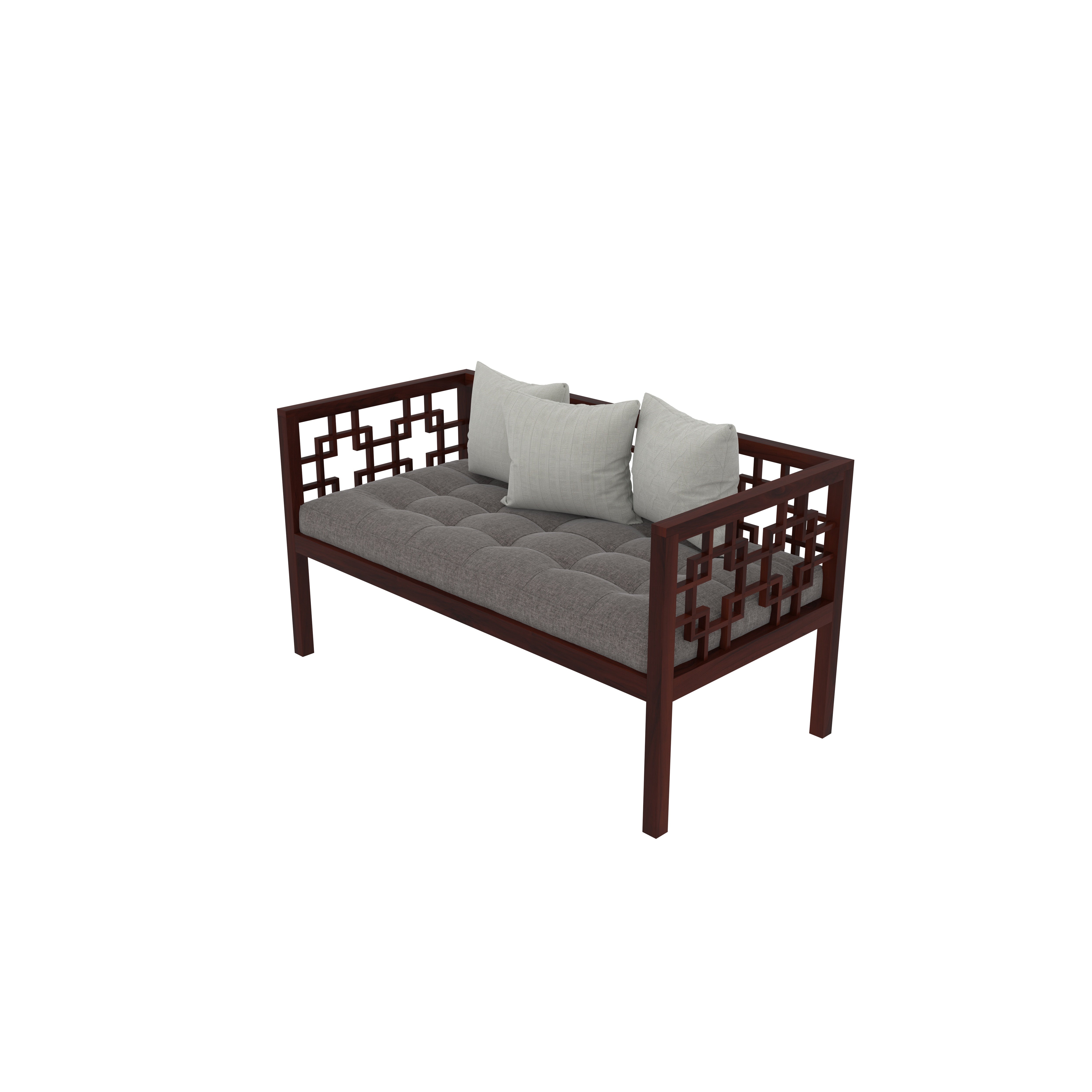 Contemporary Wooden Bench with Geometric Cutout Design & Tufted Cushion Bench