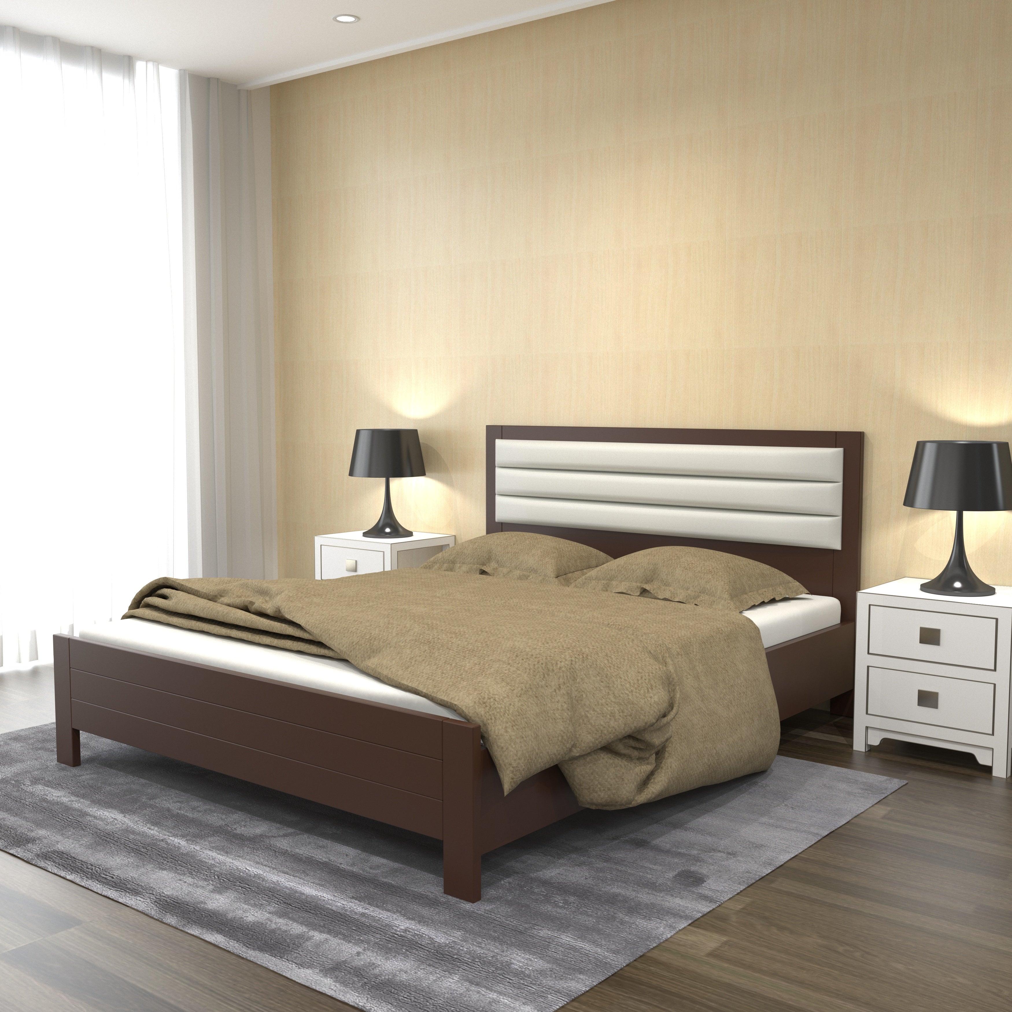 Contemporary Wooden Bed with Upholstered Headboard | Queen Size Comfort Bed