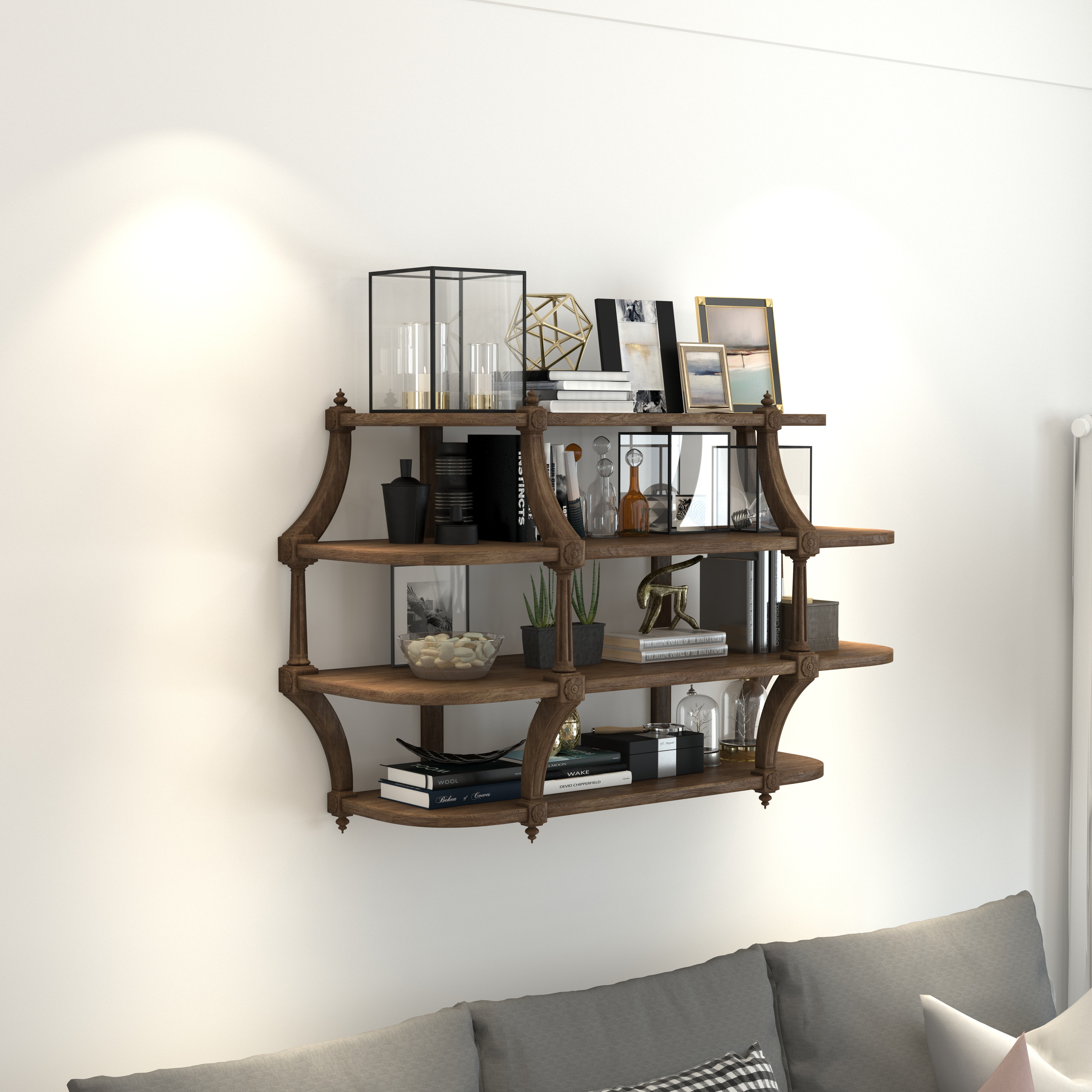 Vintage Curved Wooden Wall Shelf – 4-Tier Open Storage Unit Wall Rack