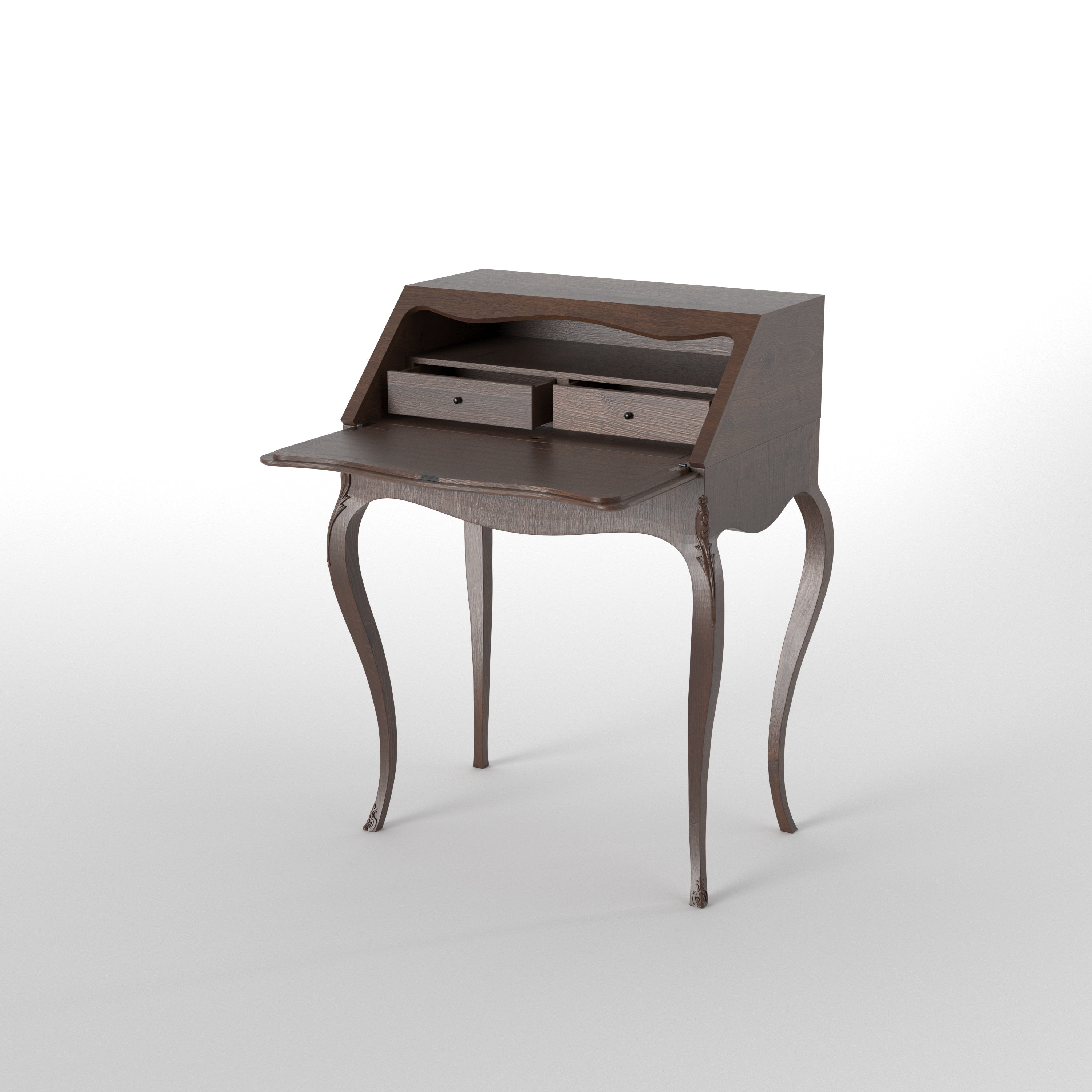 French-Style Secretary Desk with Cabriole Legs - Drop-Front Writing Bureau Study Table