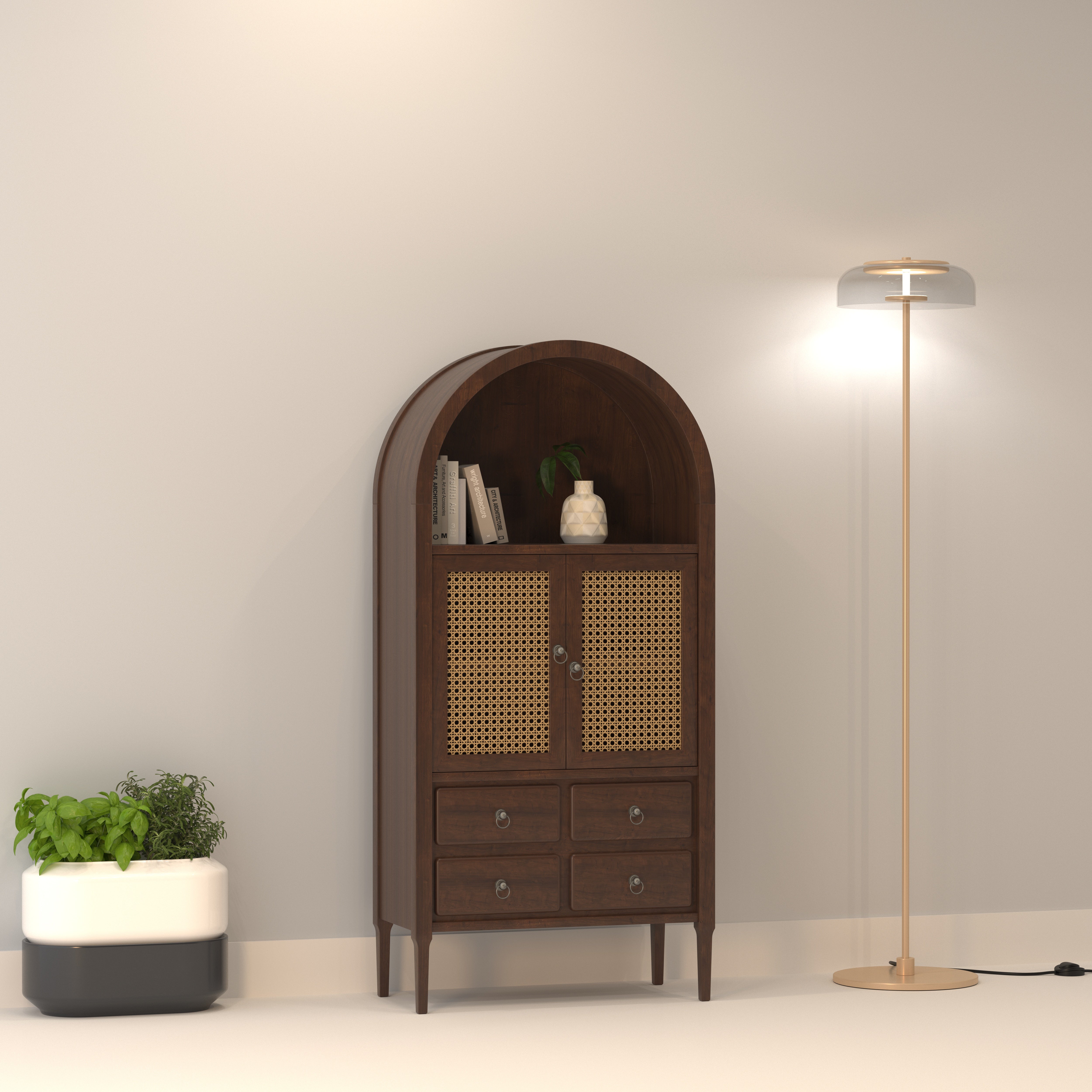 Arvello Arco European Luxury Wardrobe with Arched Display Niche, Woven Cane Doors, and Multi-Drawer Storage Wardrobe