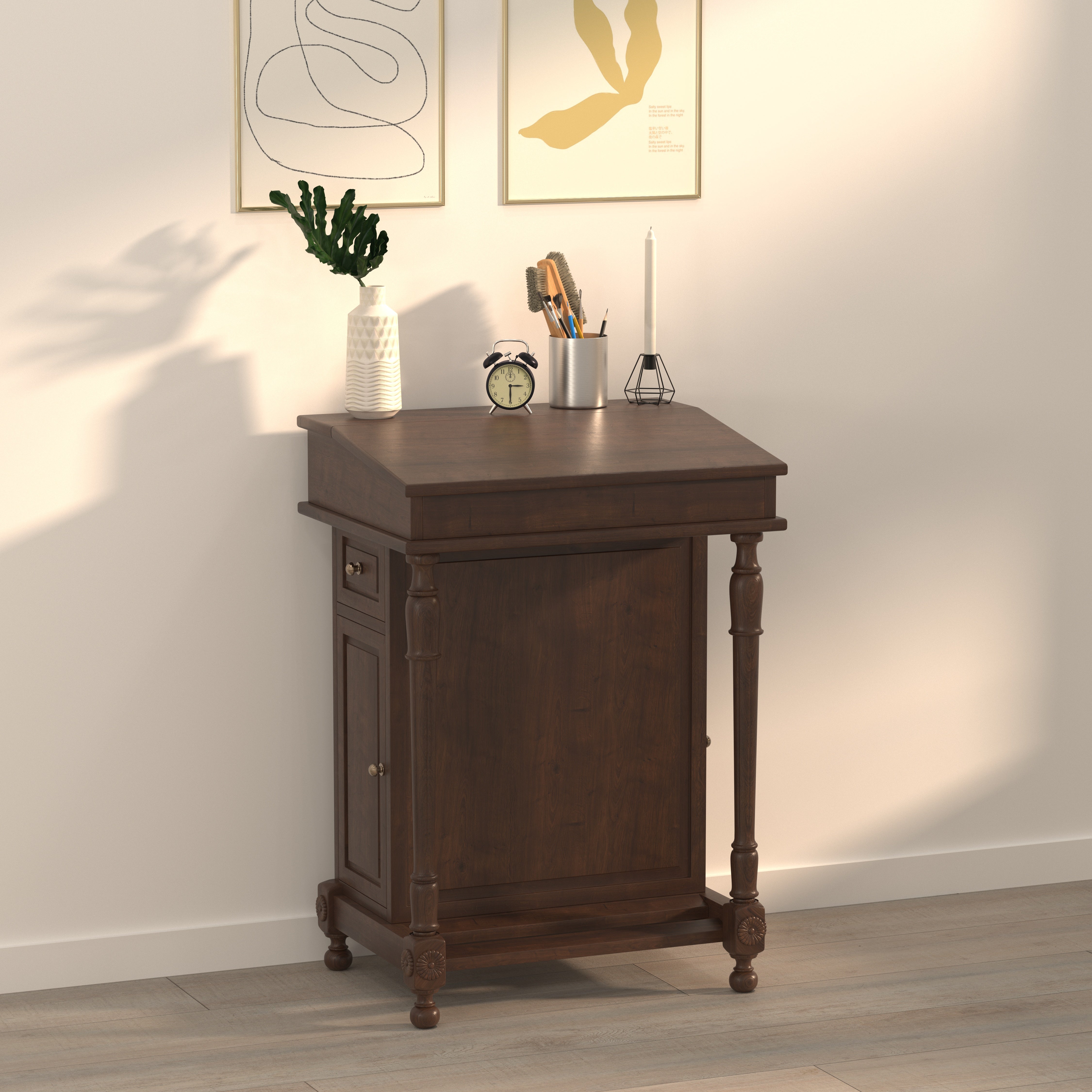 Handcrafted Colonial Solid Wood Cabinet with Turned Columns & Carved Rosettes Study Table