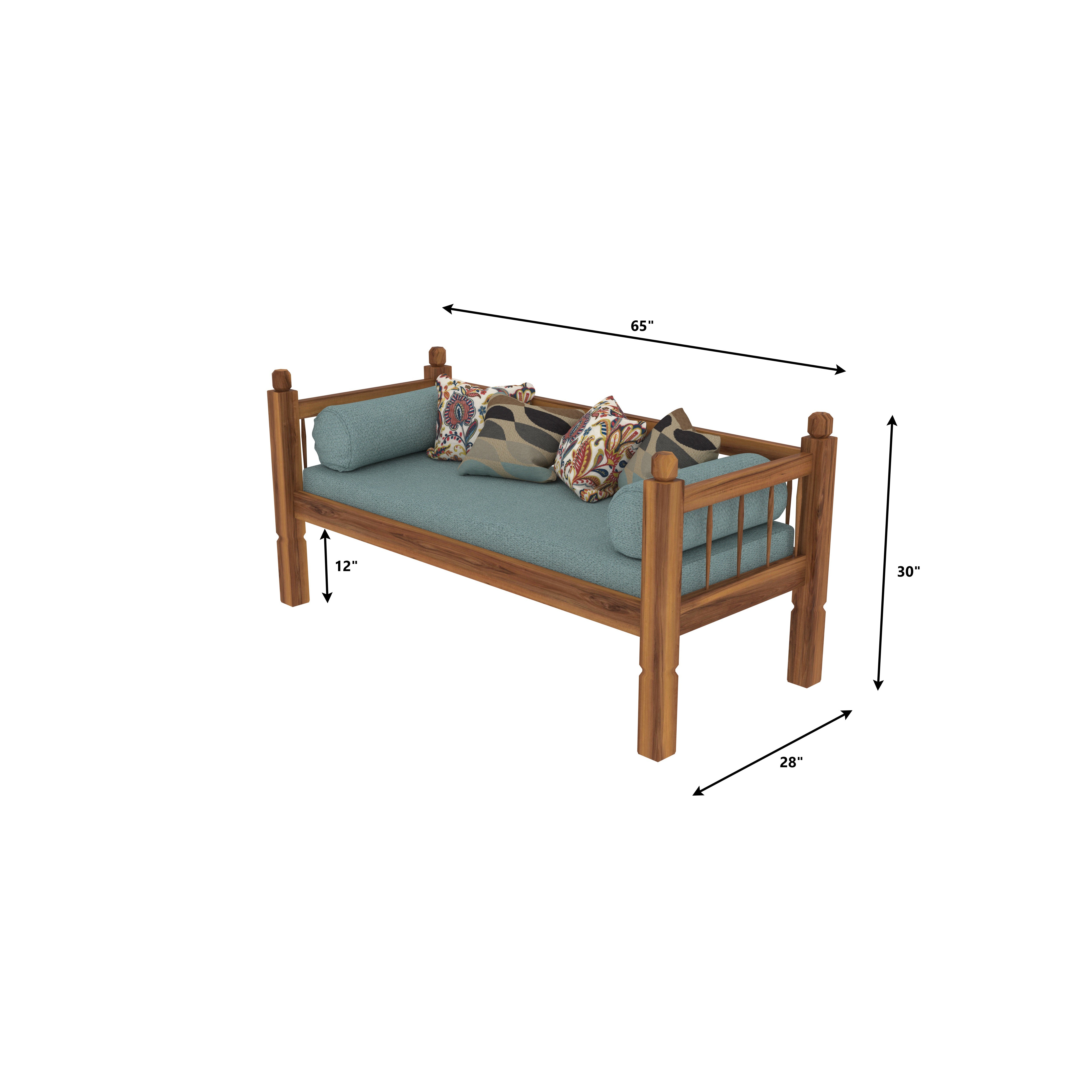 Rustic Teak Wood Daybed with Cushions – Sturdy Frame & Teal Upholstery Bench