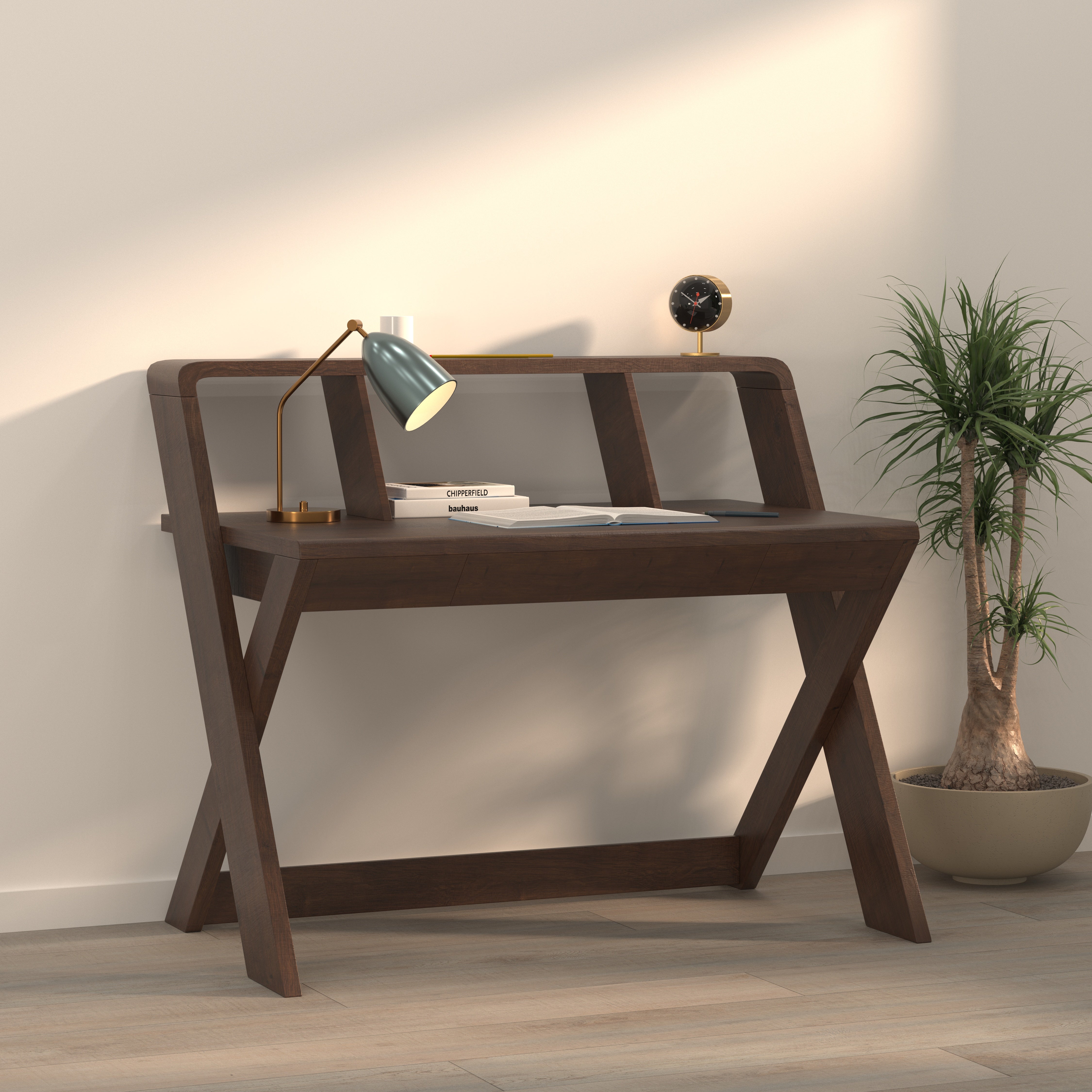 Modern Geometric Writing Desk with Open Back Shelf Study Table