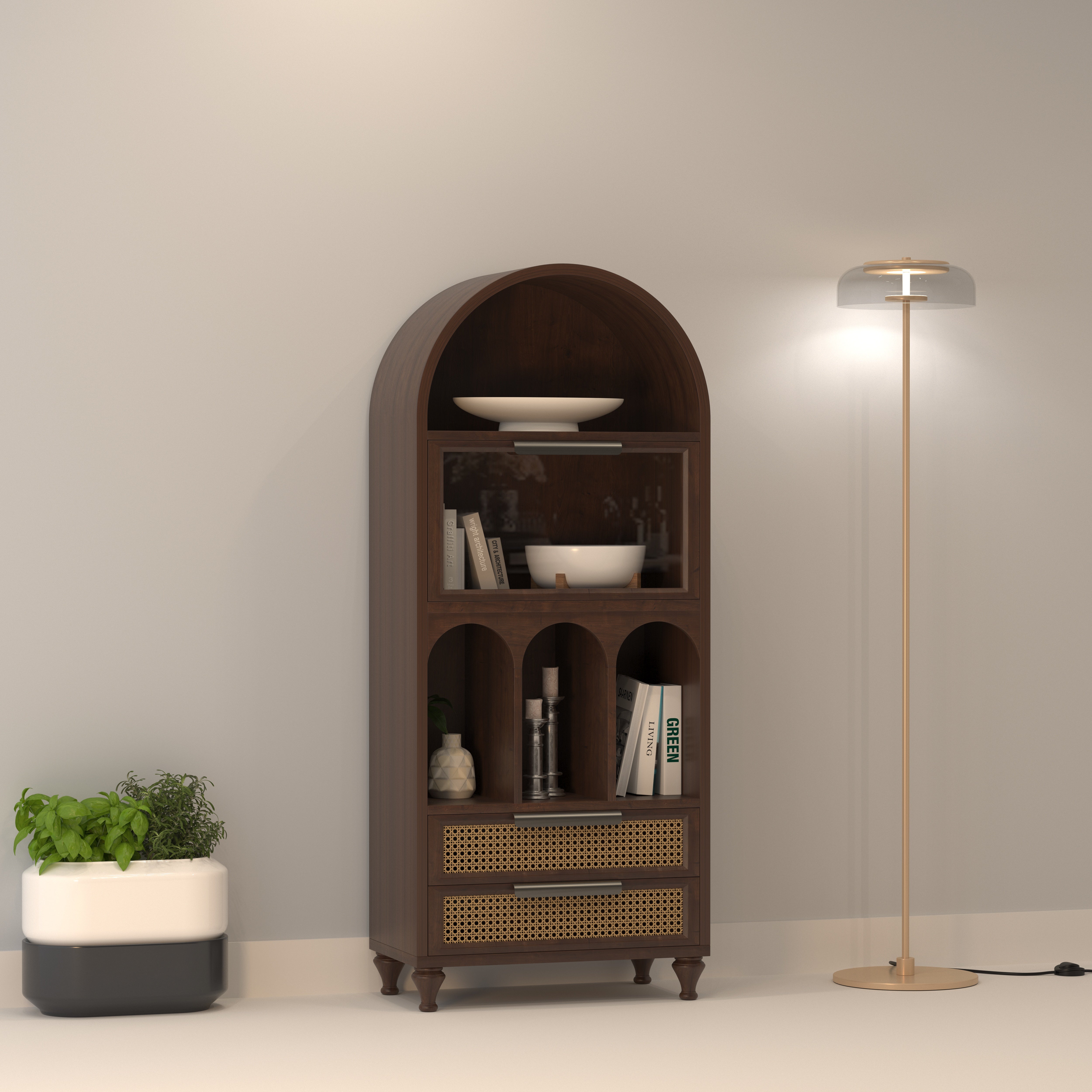 Montelaro Arco European Luxury Wardrobe with Sculpted Arch Display, Glass Cabinet, and Artisan Cane Drawers Wardrobe