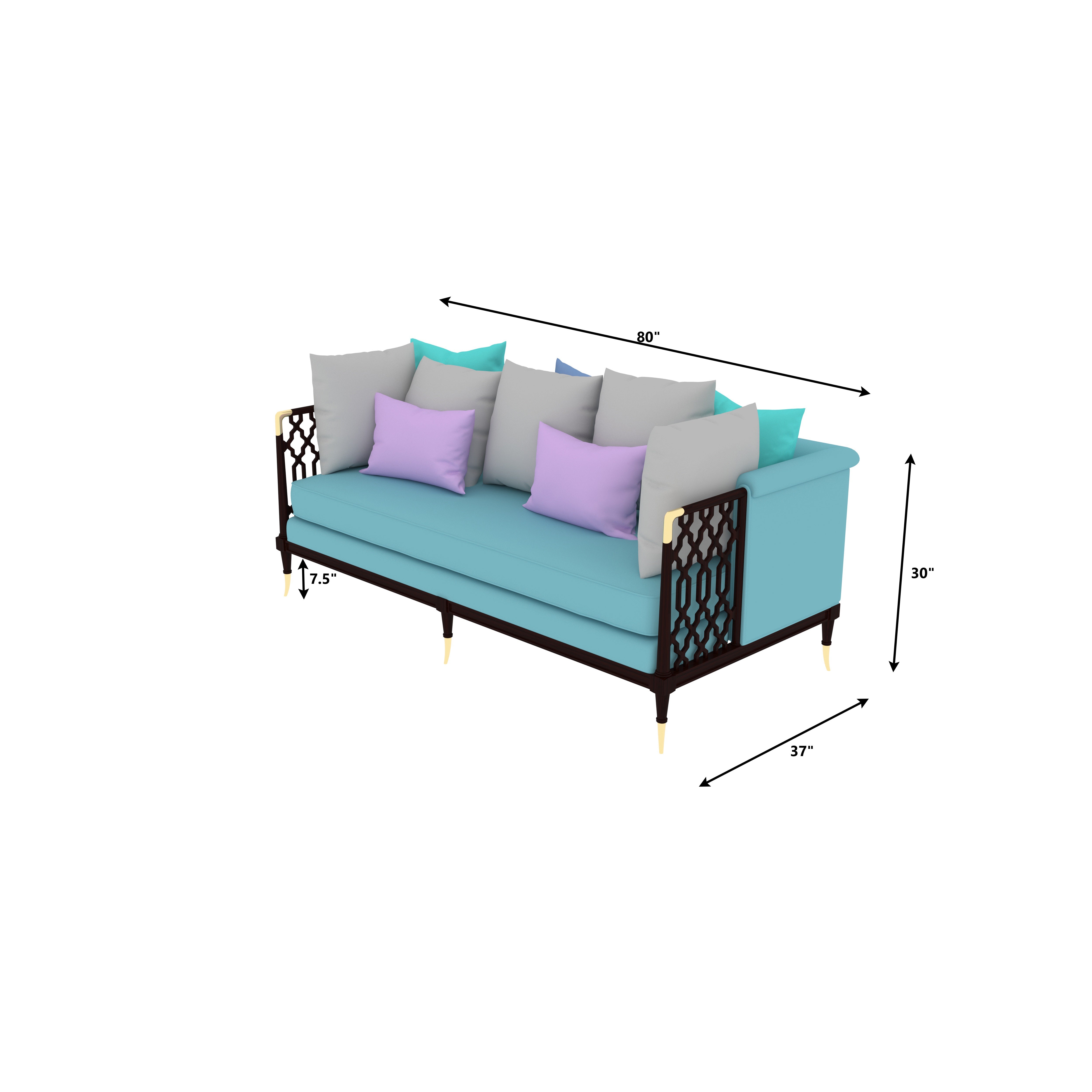 Contemporary Blue Sofa with Ornate Armrests and Multicolor Cushions Sofa