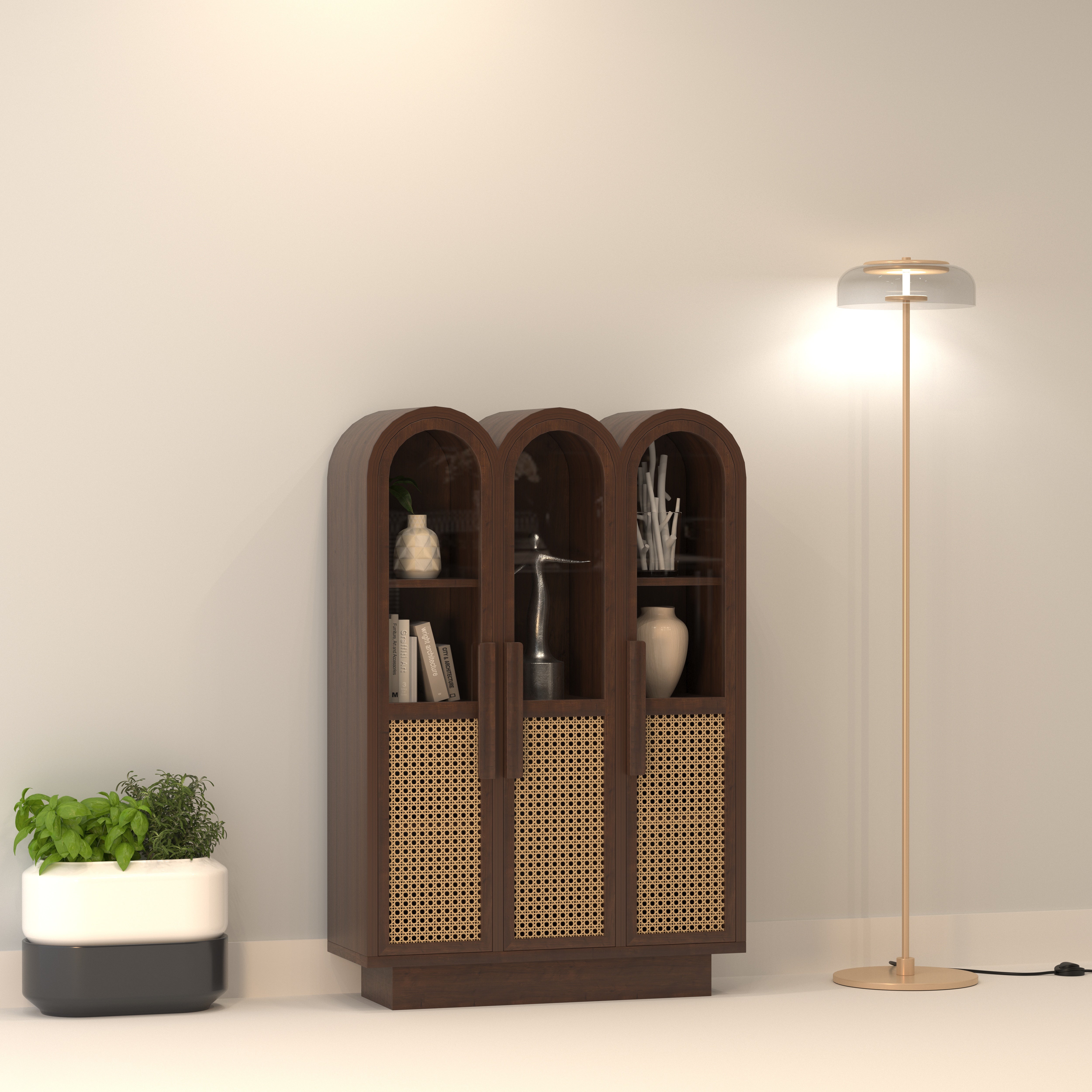 Trevaldo Arco European Luxury Wardrobe with Triple Arch Display, Artisan Cane Doors, and Contemporary Storage Cabinet Wardrobe