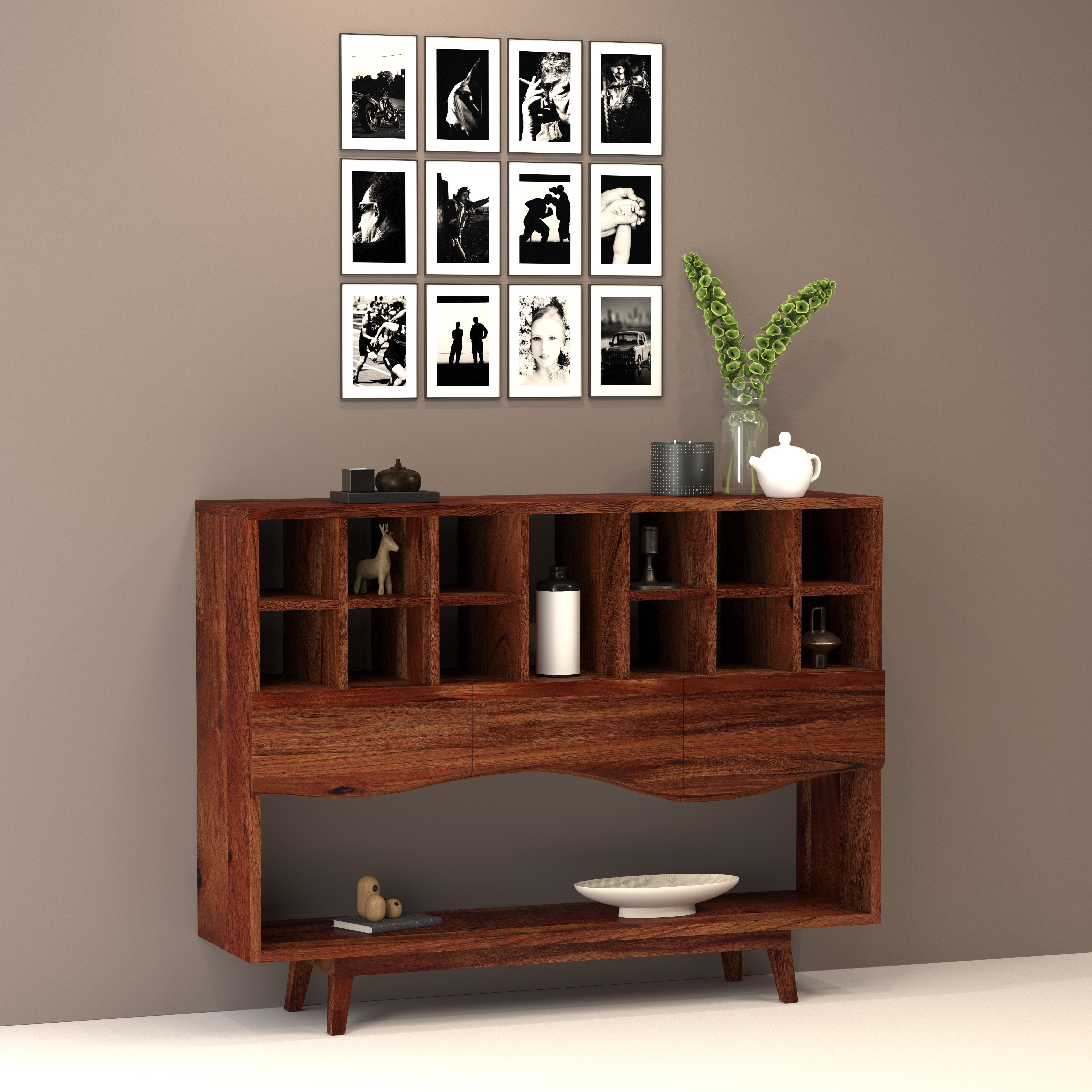 Mid-Century Sideboard with Cubby Storage & Tapered Legs Cupboard