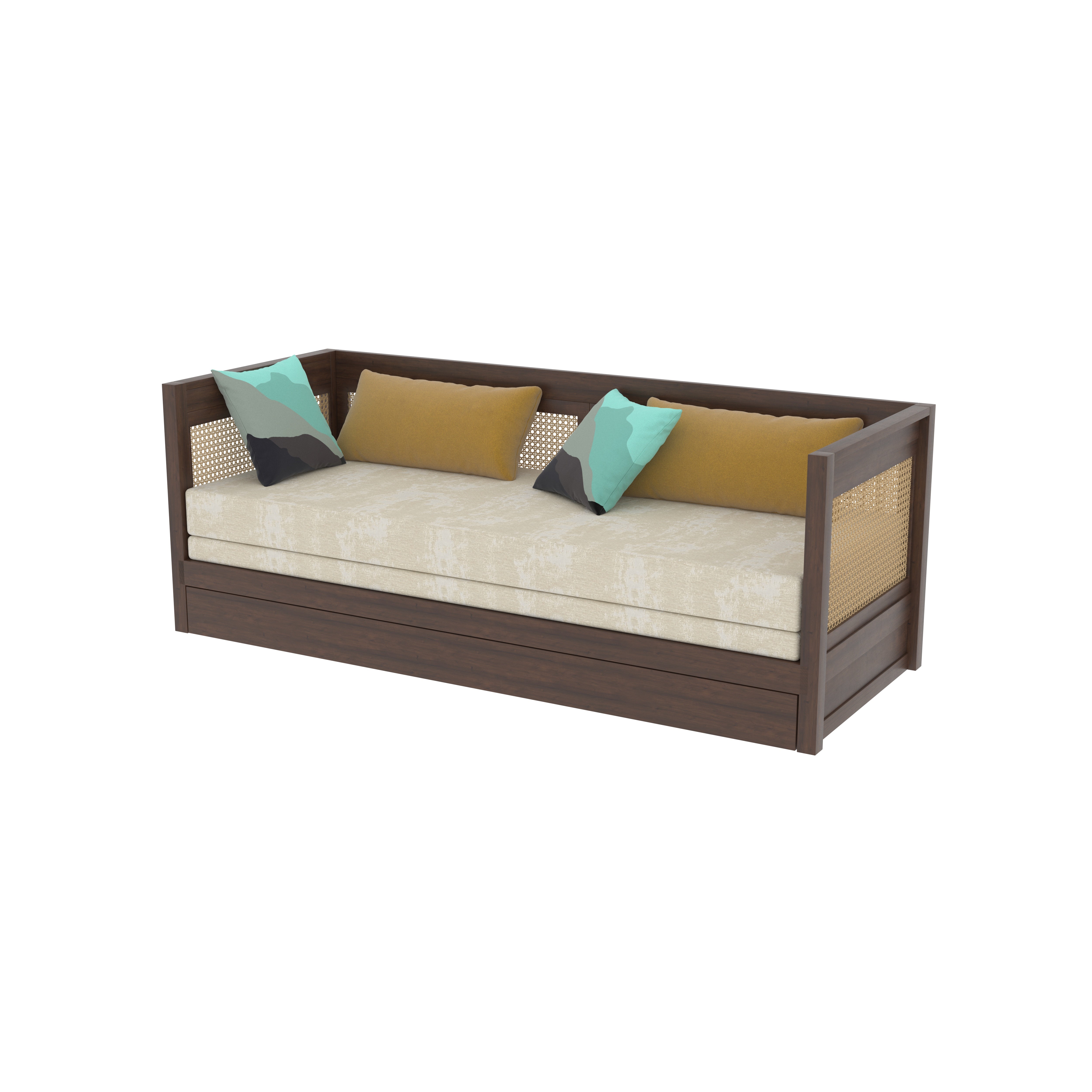 Daybed with Cane Panels and Pull-Out Trundle Bed Sofa cum bed