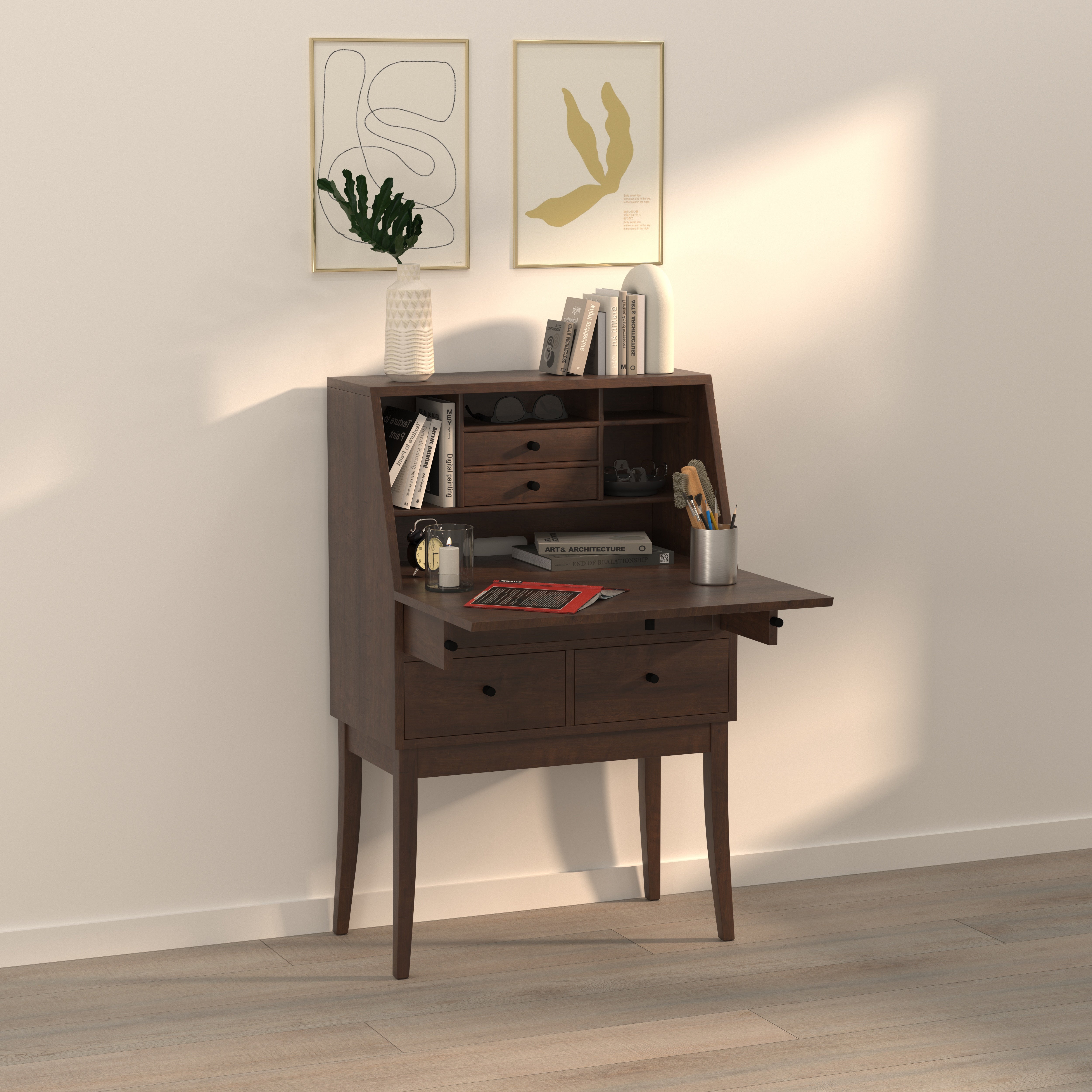 Handcrafted Solid Wood Secretary Desk Bureau with Fall-Front Lid & Four Drawers Study Table
