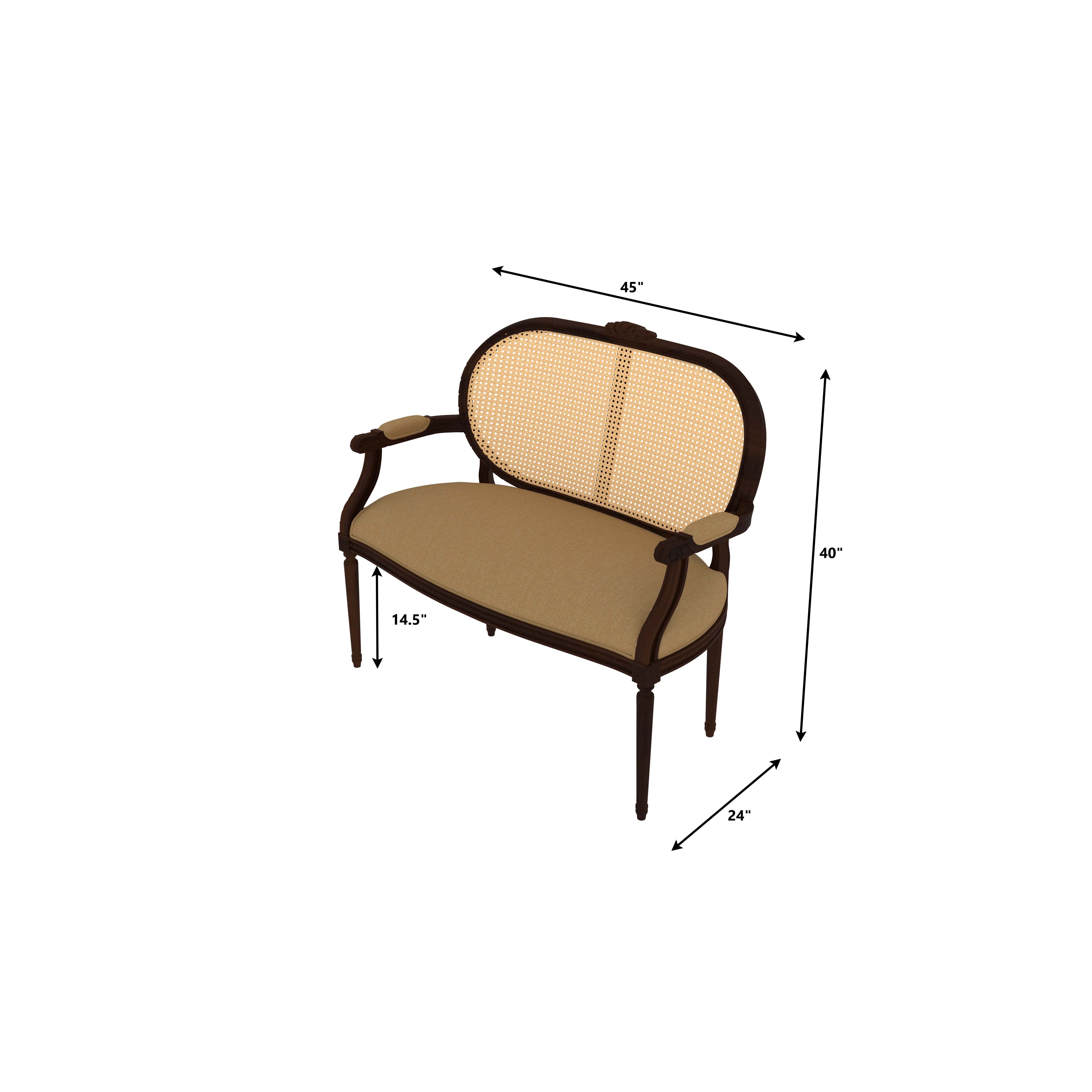 Vintage Cane-Back Wooden Loveseat with Upholstered Seat Sofa