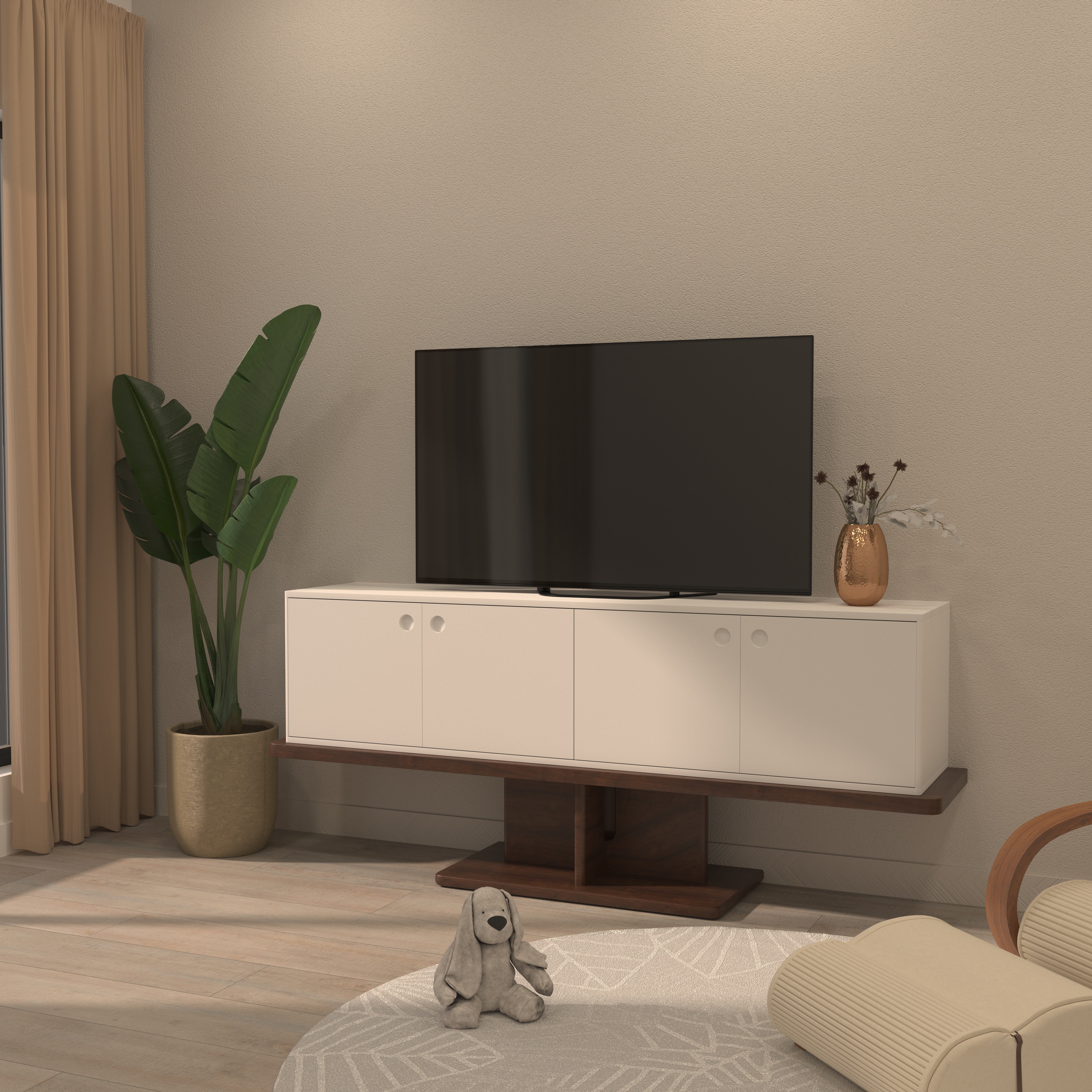 Floating White TV Stand with Walnut Pedestal - Modern Suspended Entertainment Console Tv stand