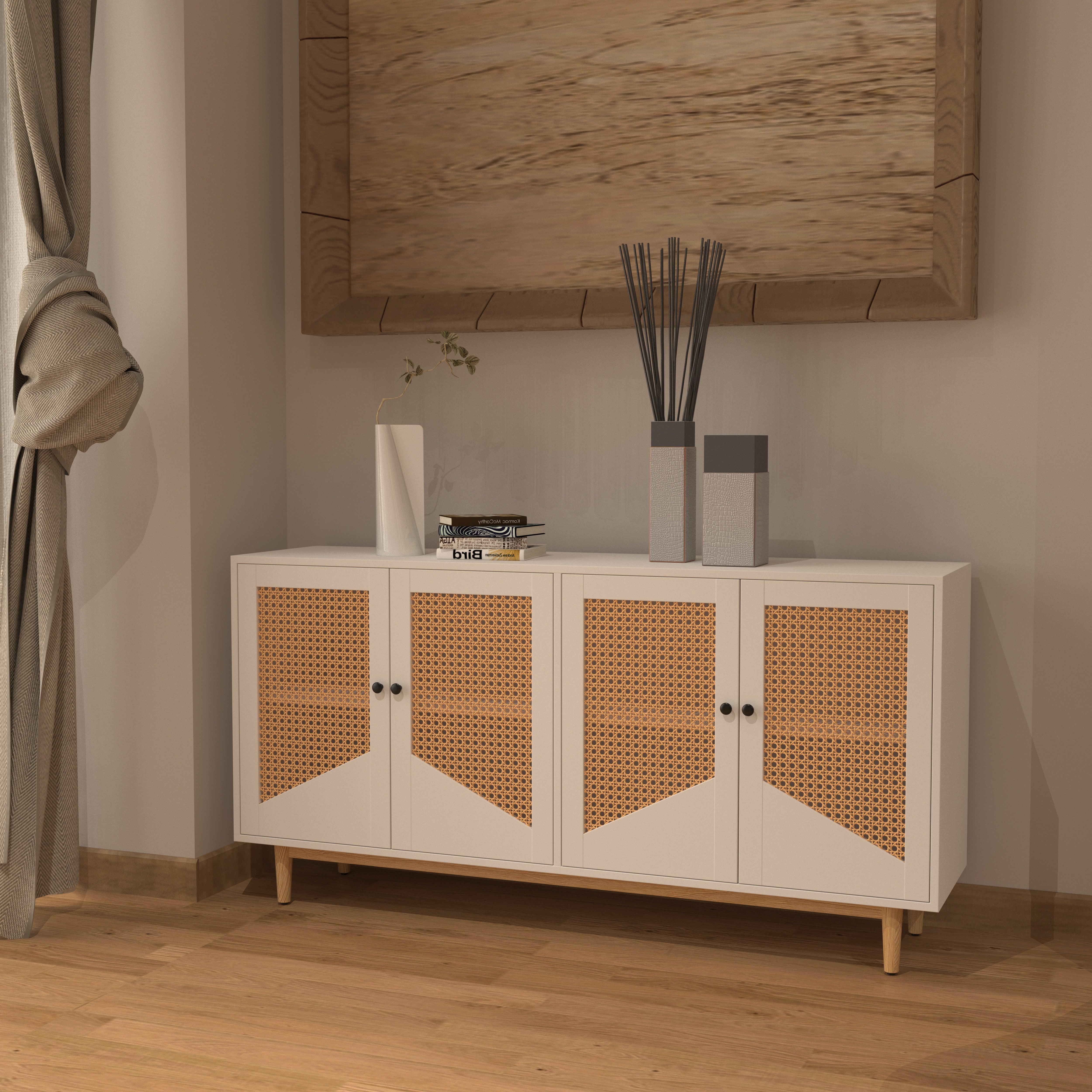 Milan Four-Door Sideboard with Geometric Cane Panels Cupboard
