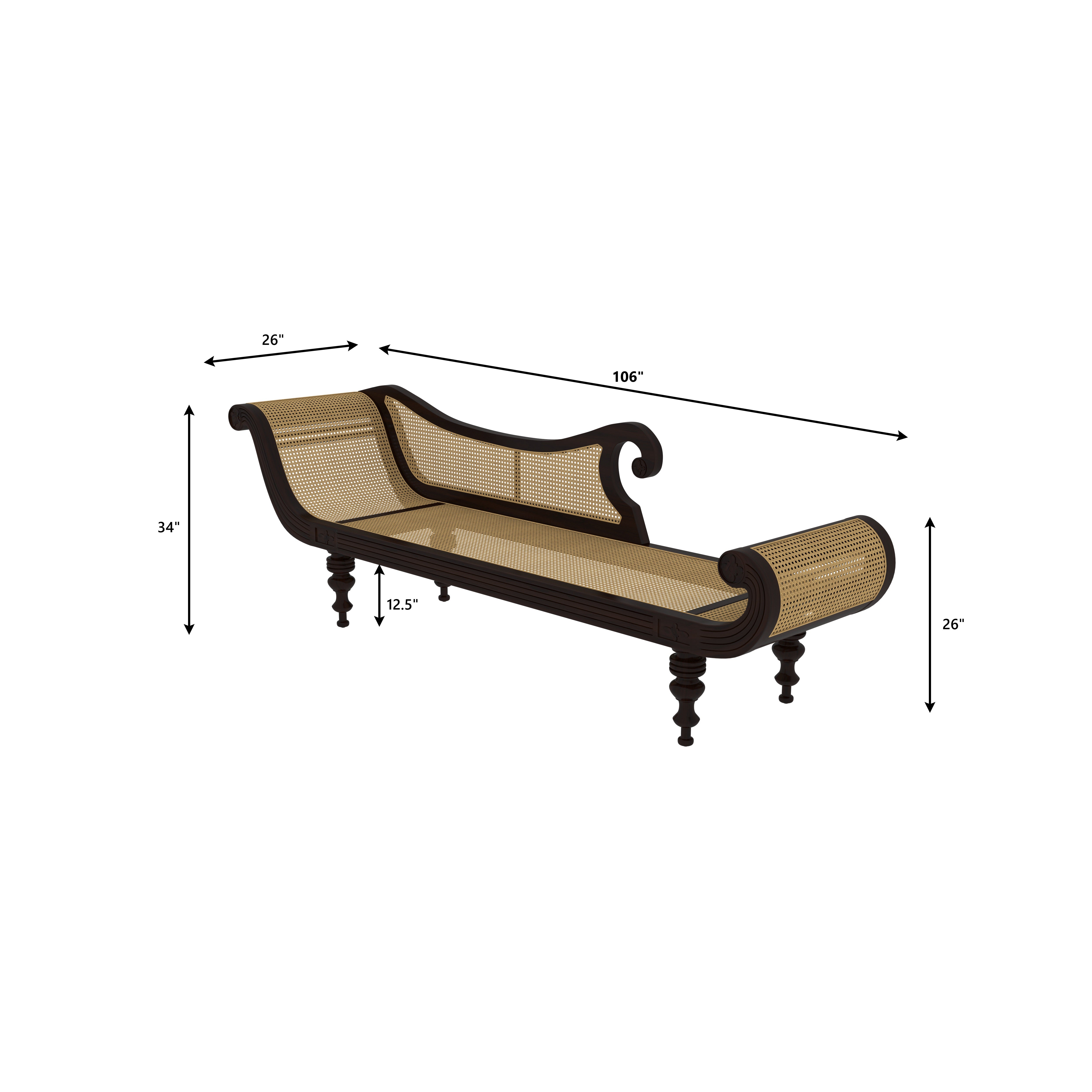 Vintage Colonial Wooden Daybed with Cane Weaving Handcrafted Divan Sofa