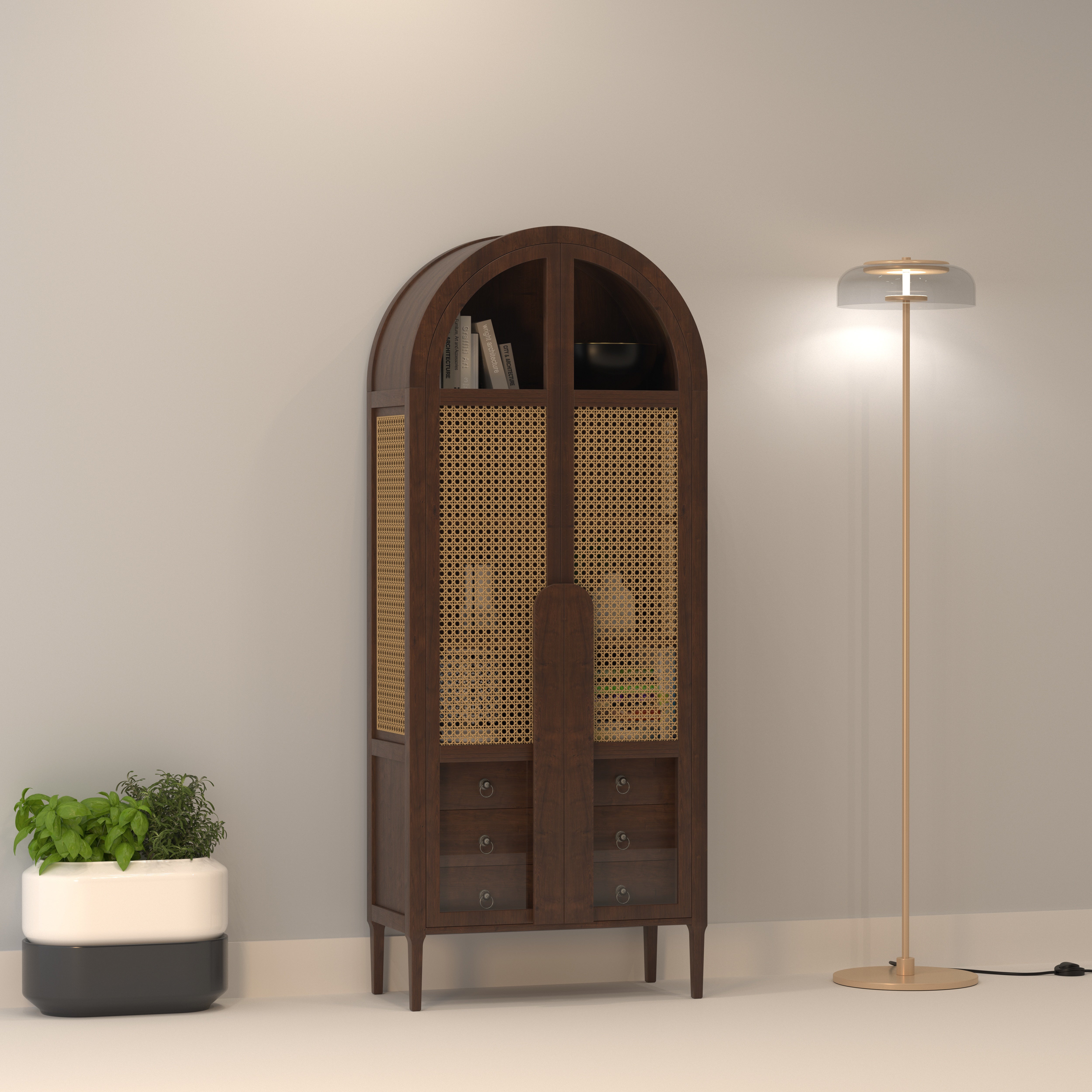Valdoro Arched European Luxury Wardrobe with Woven Cane Panels and Elegant Storage Drawers Wardrobe
