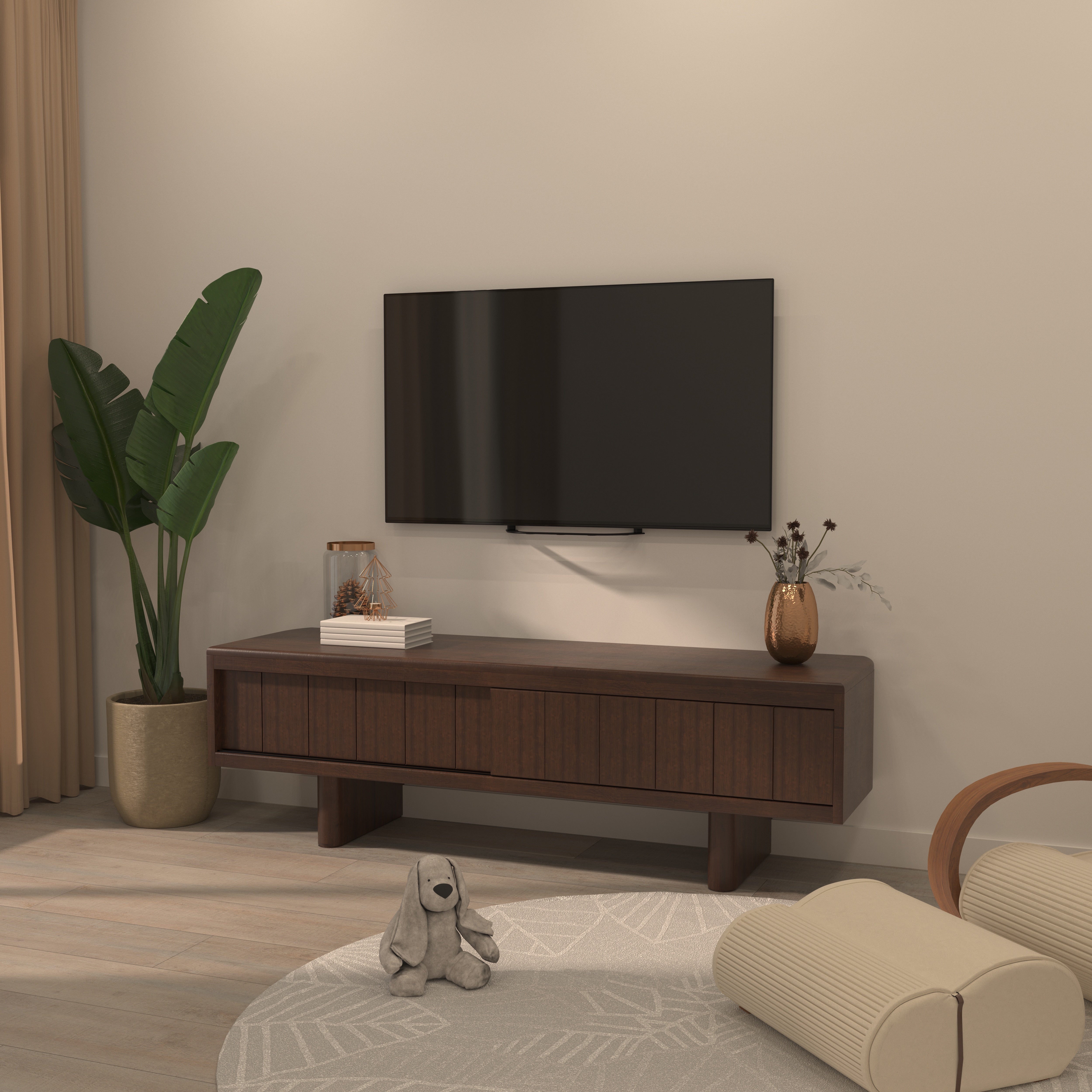 Modern Wooden TV Stand with Geometric Panel Design - Walnut Entertainment Console Tv stand