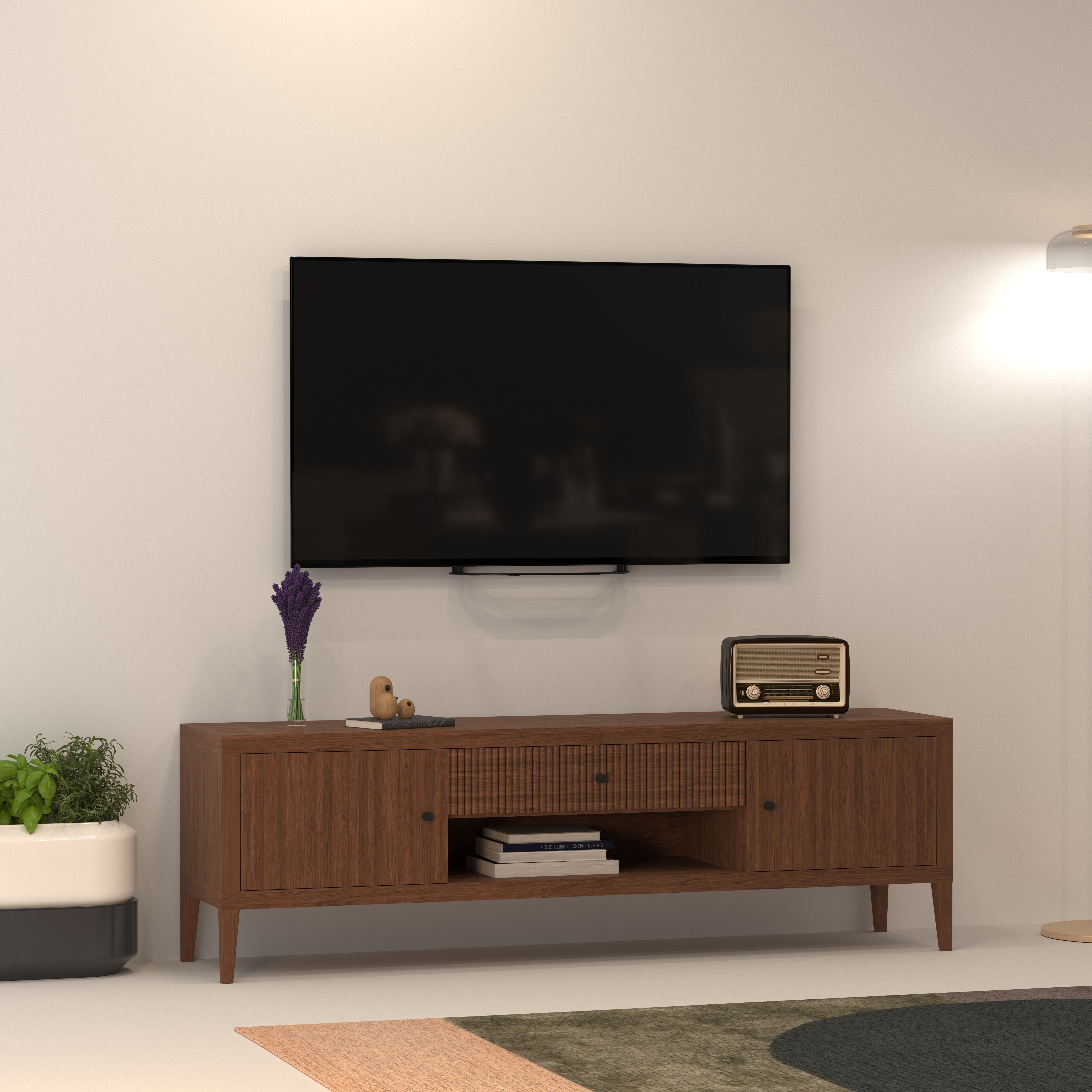 Mid-Century Modern Wooden TV Stand - Premium Walnut Finish Entertainment Console Tv stand