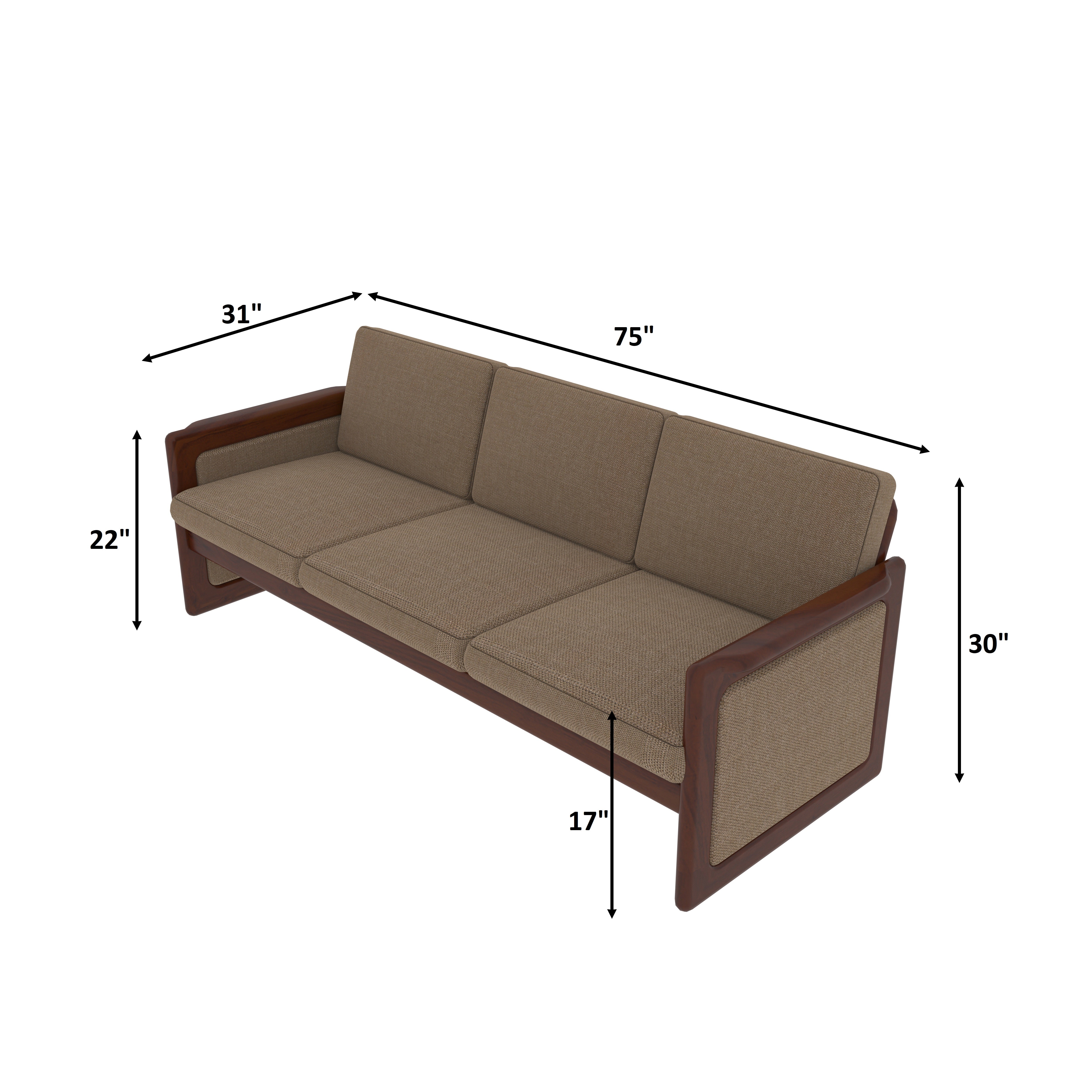 Retro Style Wooden 3-Seater Sofa with Boxy Armrests Sofa